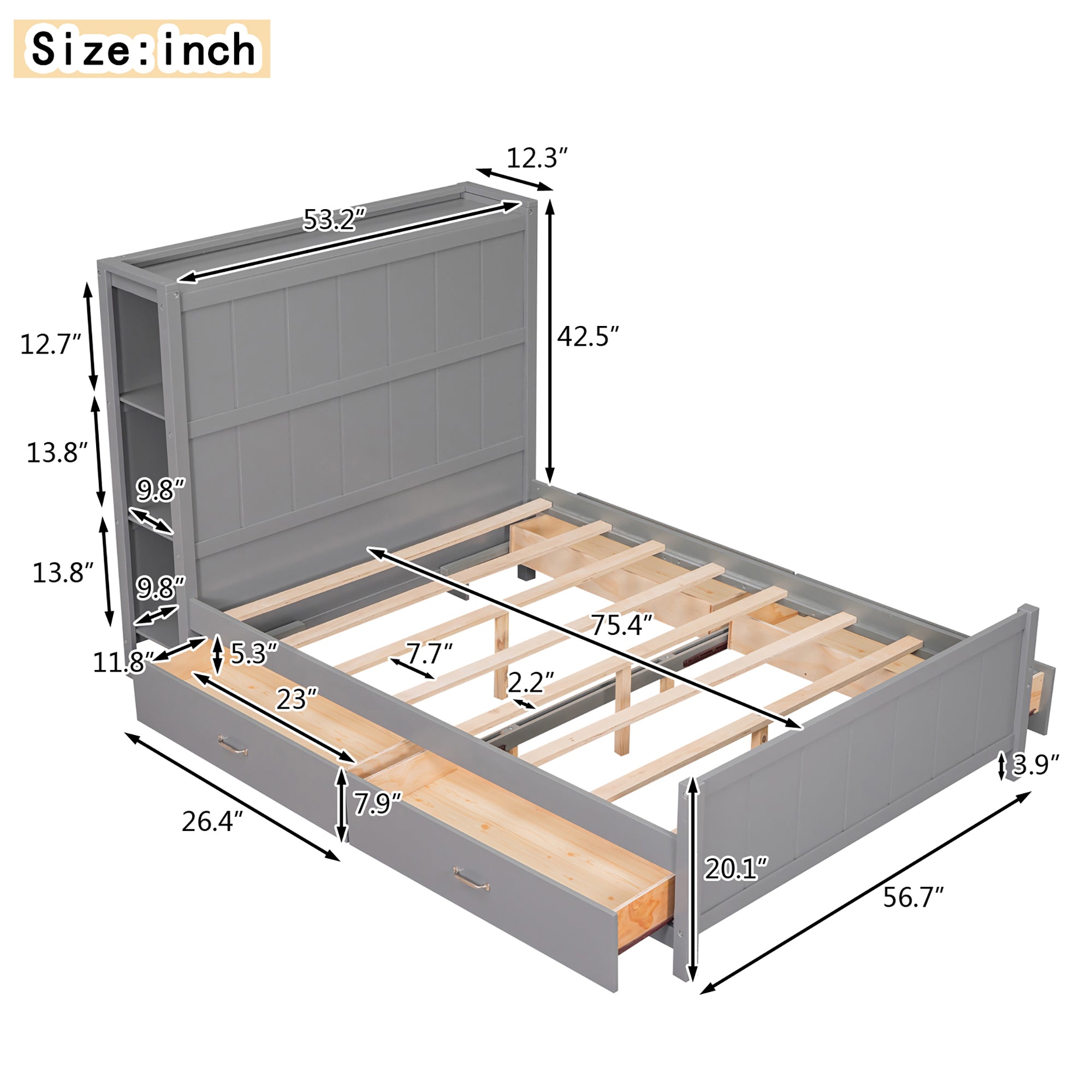 Full Size Platform Bed with Drawers and Storage Shelves, Gray