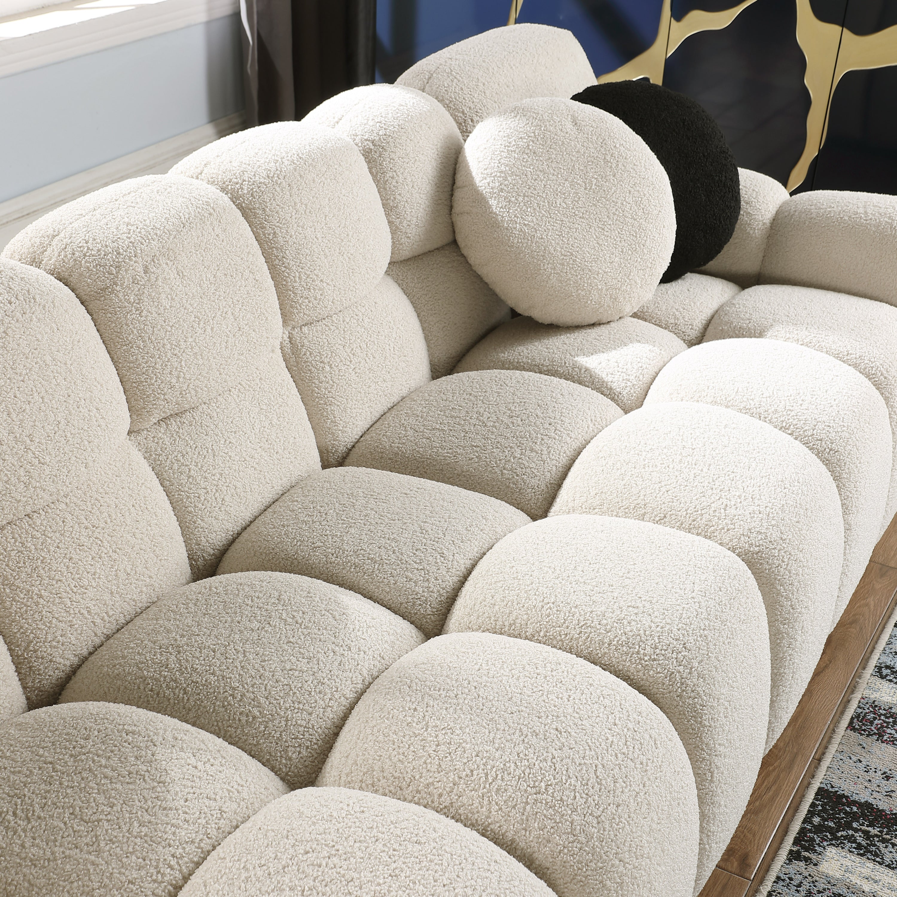 87.4 length ,35.83" deepth ,human body structure for USA people,  marshmallow sofa,boucle sofa ,3 seater, BEIGE  BOUCLE