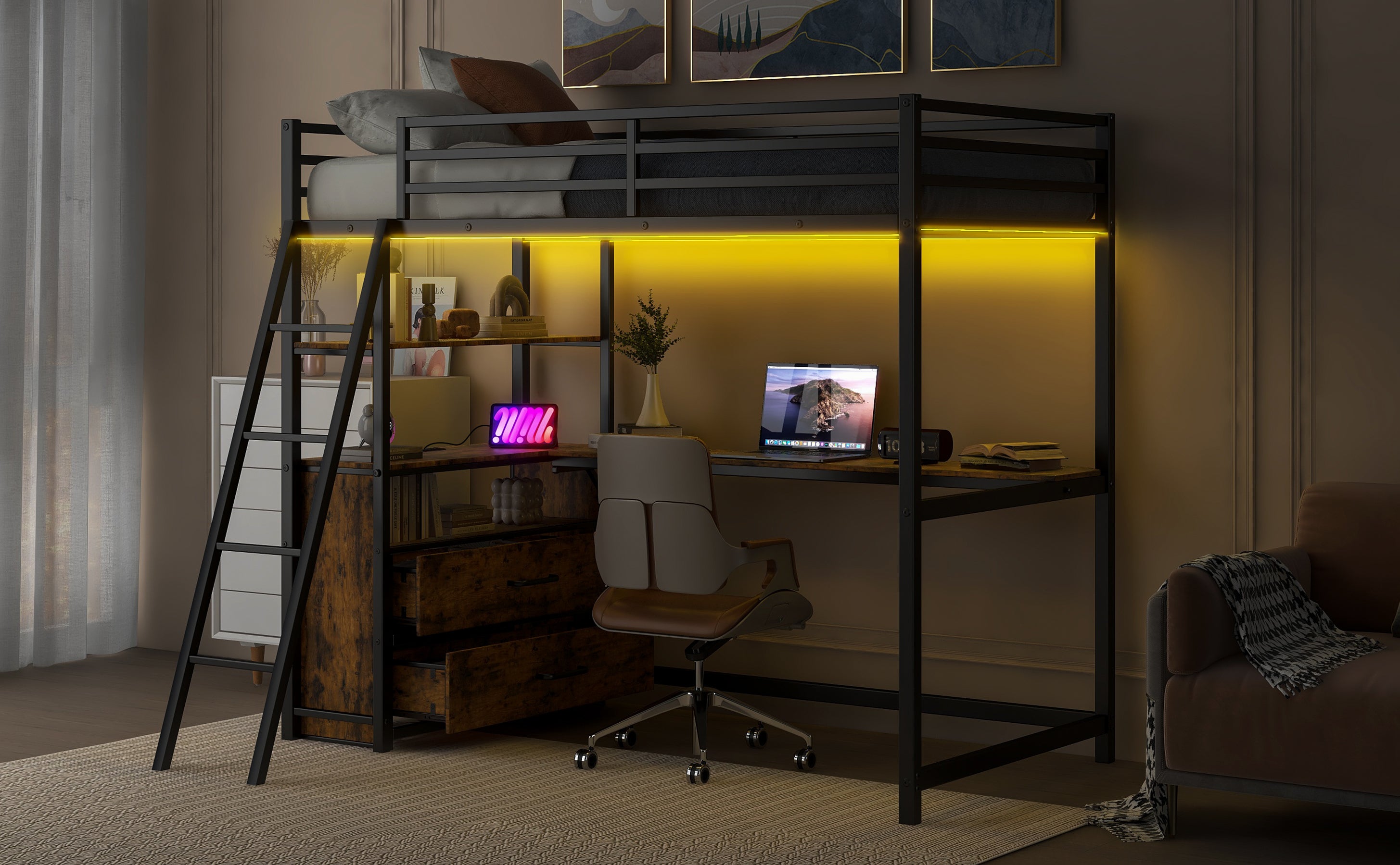 Twin Size Metal&Wood Loft Bed with Desk and Shelves, Two Built-in Drawers, LED Light and USB Charging Station, Black