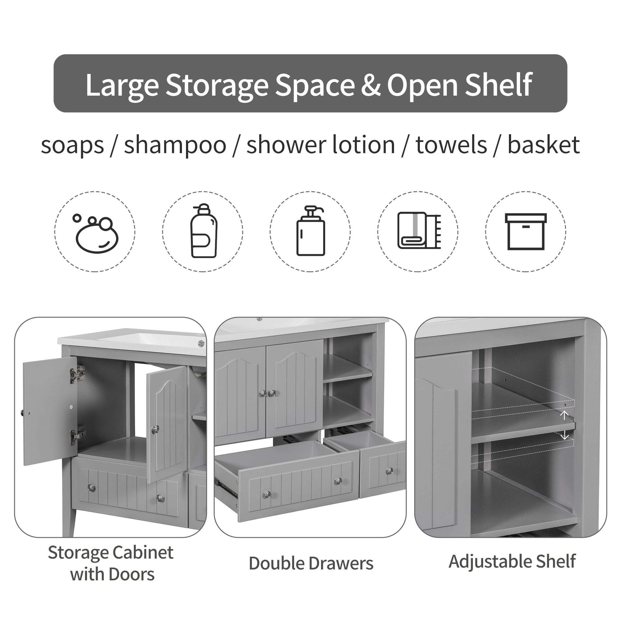 [VIDEO] 36" Bathroom Vanity with Ceramic Basin, Bathroom Storage Cabinet with Two Doors and Drawers, Solid Frame, Metal Handles, Grey (OLD SKU: JL000003AAE)