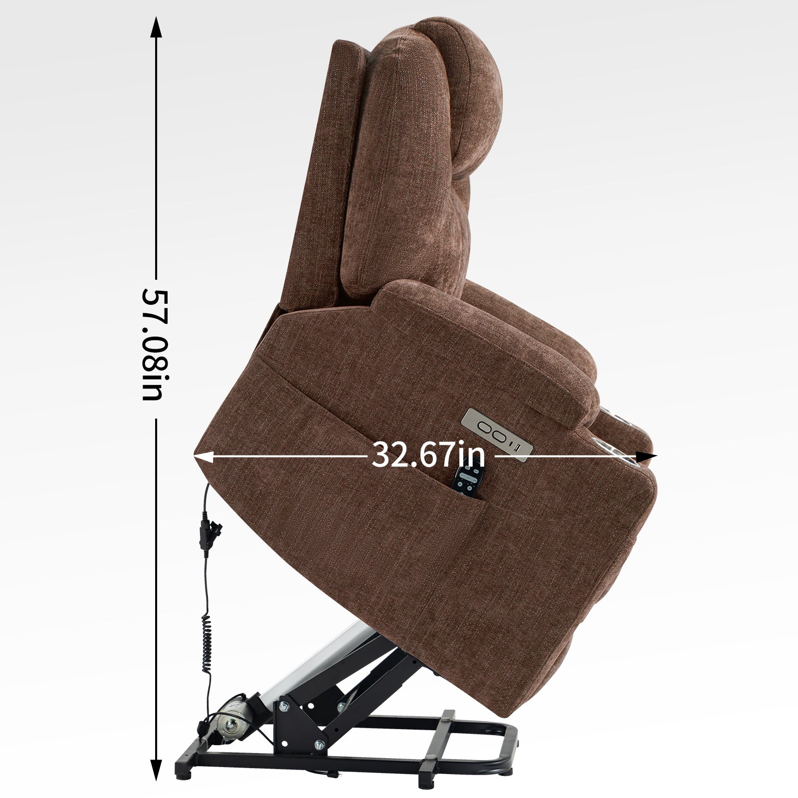 Up to 350 LBS Chenille Power Lift Recliner Chair, Heavy Duty Motion Mechanism with 8-Point Vibration Massage and Lumbar Heating, USB and Type-C Ports, Stainless Steel Cup Holders, Brown