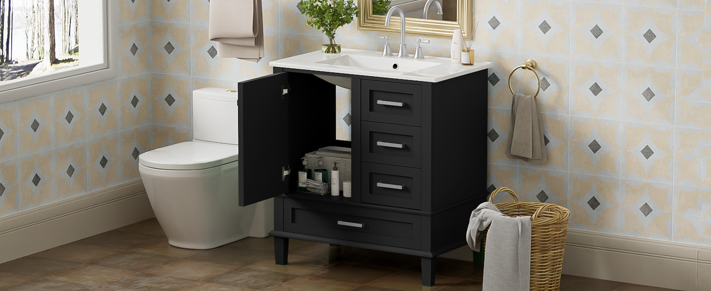 30" Bathroom Vanity , Modern Bathroom Cabinet with Sink Combo Set, Bathroom Storage Cabinet with a Soft Closing Door and 3 Drawers, Solid Wood Frame(Black)