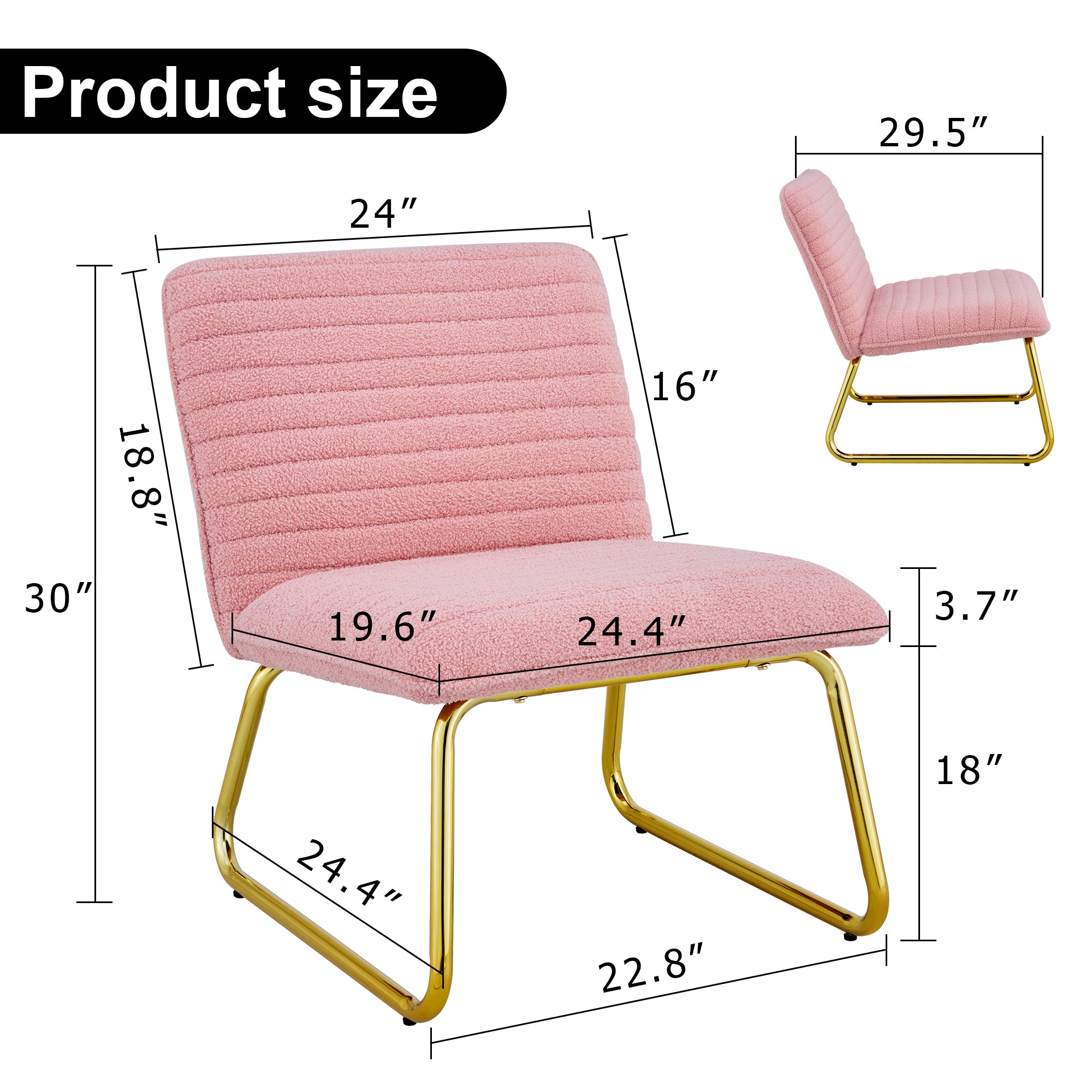 Modern minimalist pink plush fabric single person sofa chair with golden metal legs. Suitable for living room, bedroom, club, comfortable cushioned single person leisure sofa