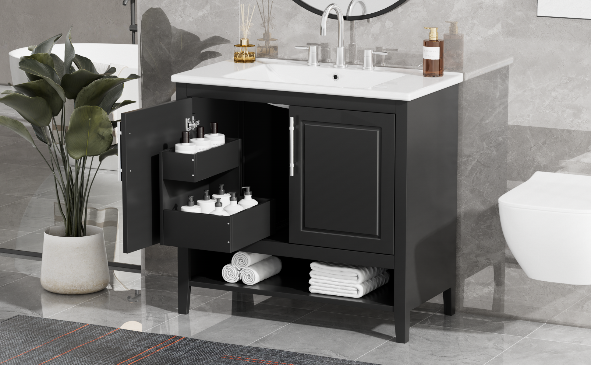 36" Bathroom Vanity with Sink, Multi-functional Bathroom Cabinet with Doors and Drawers, MDF Frame and MDF Board, Black