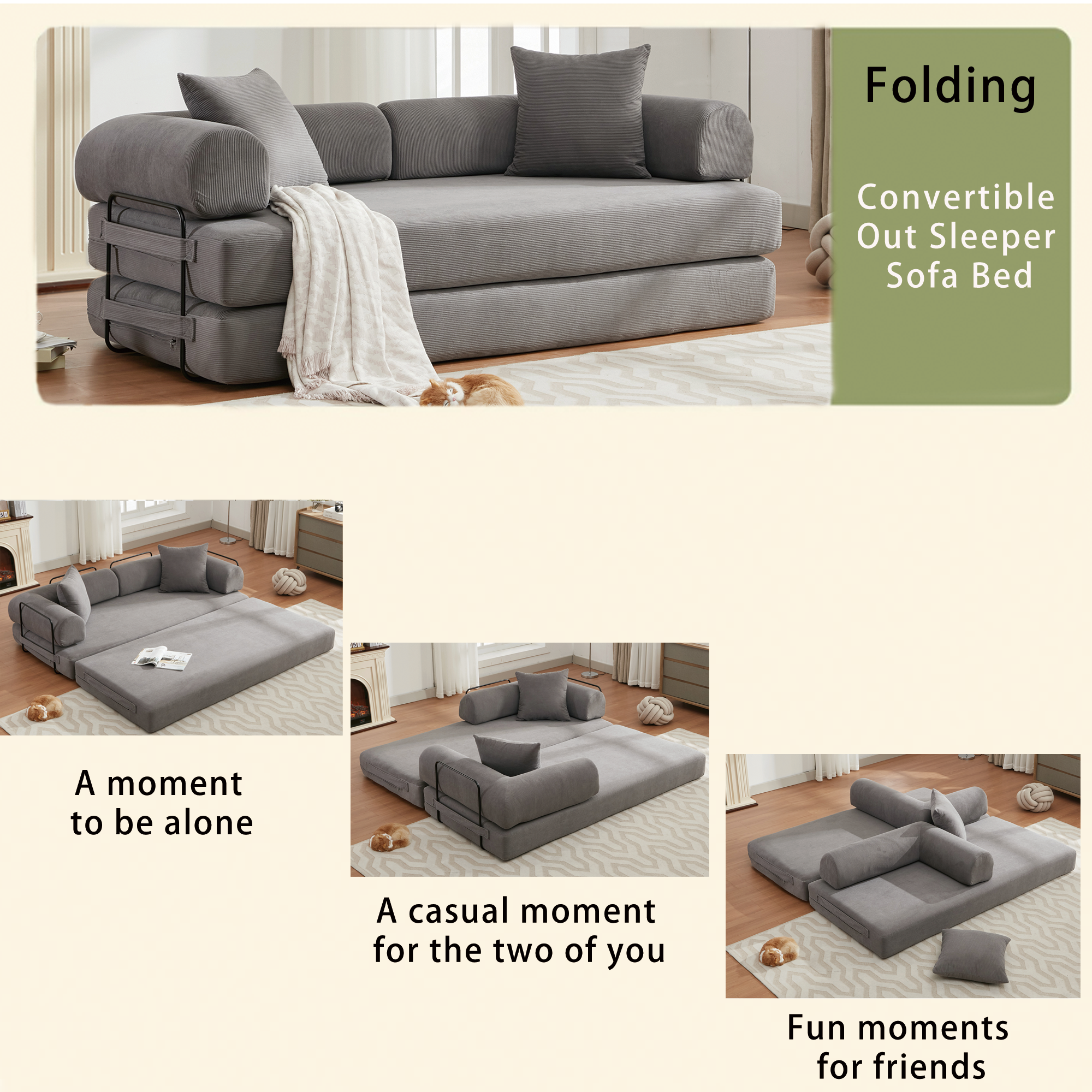 [NEW ARRIVED] [VIDEO PROVIDED] 78.5" Folding Convertible Out Sleeper Sofa Bed,4-in-1 DIY Combination Convertible Sofa,3 seat, Folding  Sofa, King Size , Bedroom,Apartment,Corduroy,Green,Gray