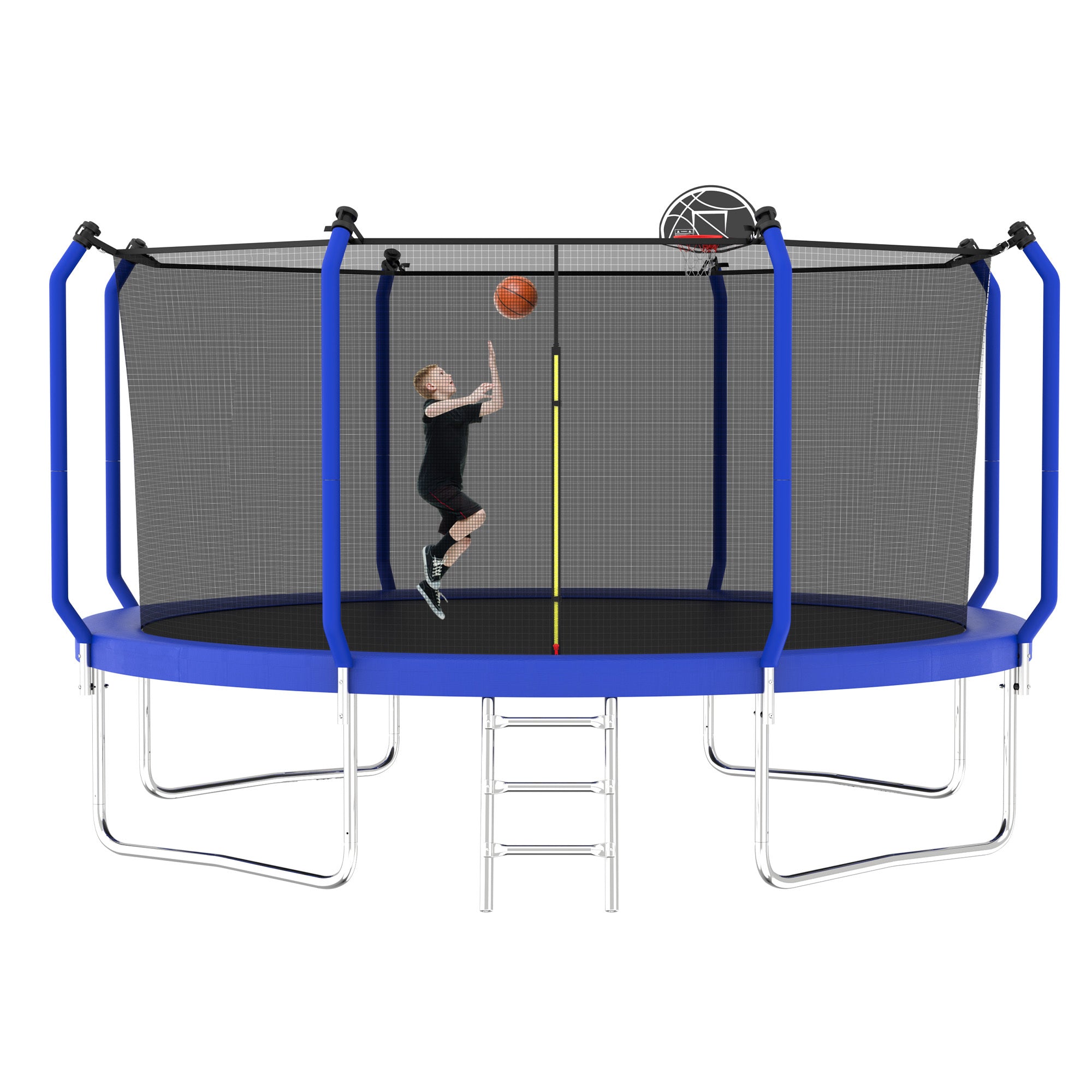 14FT Trampoline with Basketball Hoop, ASTM Approved Reinforced Type Outdoor Trampoline with Enclosure Net