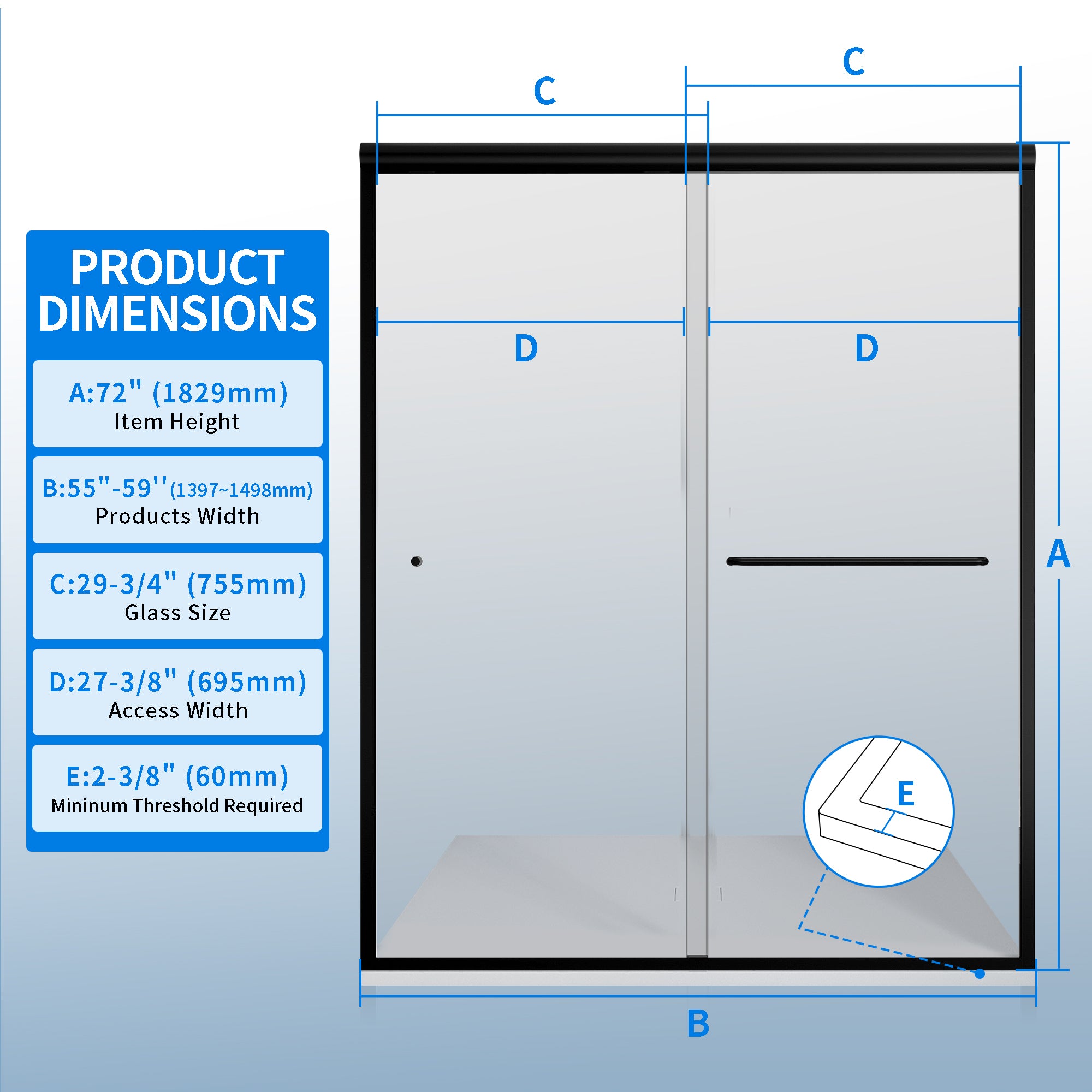 55-59" W × 72"H Double Sliding Semi-Frameless Shower Door With 1/4 inches (6mm) Clear Tempered Glass, Matte Black Finish