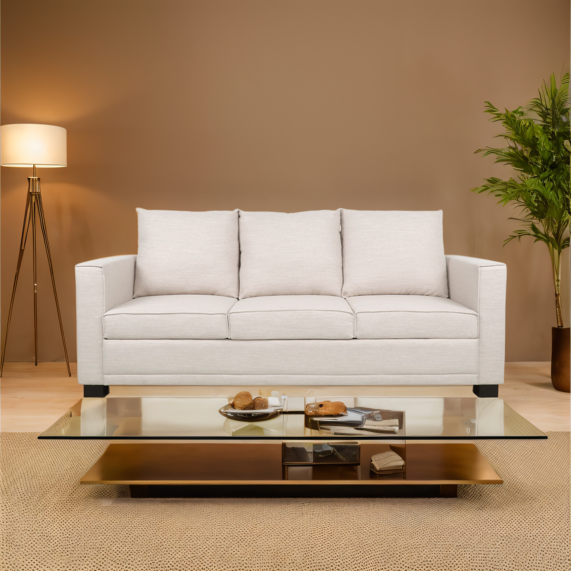 Contemporary Light Beige Fabric 3-Seater Sofa with Square Arms – Comfortable, Stylish, and Cozy, Perfect for Family Seating and Relaxing Evenings, Modern Design and High-Quality Upholstery