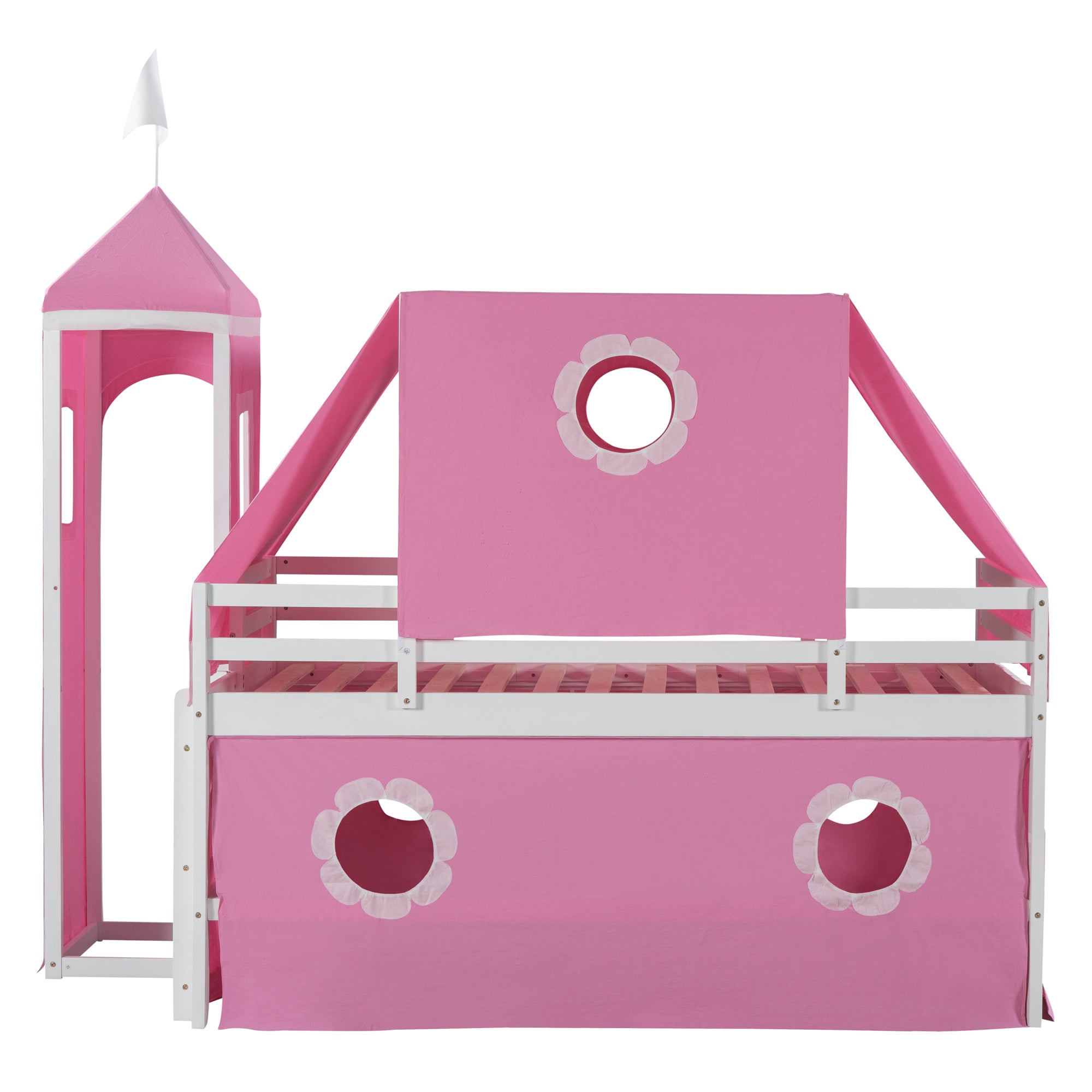 Twin Size Loft Bed with Slide Pink Tent and Tower - Pink