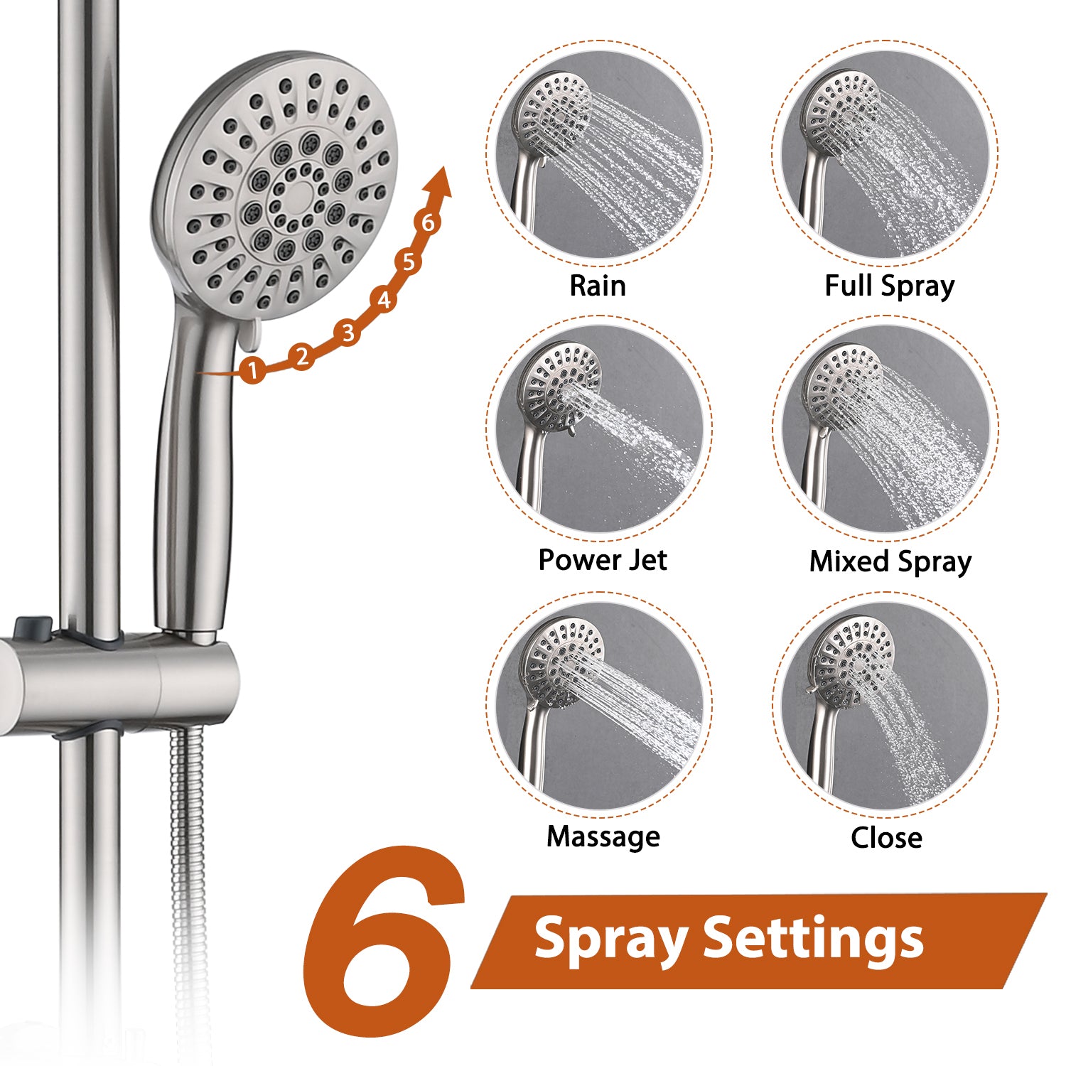 Brushed Nickel 6 Inch Rain Shower Head with Handheld Shower Head Bathroom Rain Shower System