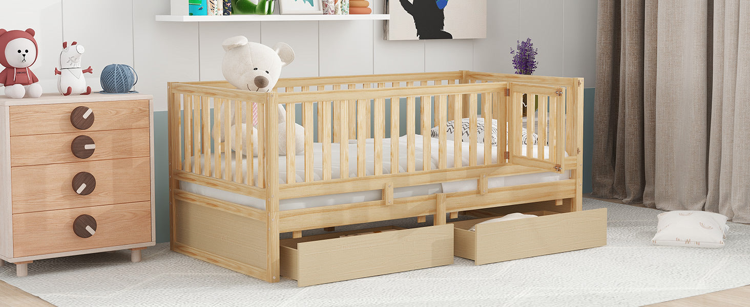 Twin Size Wood Daybed with Fence Guardrails and 2 Drawers, Split into Independent Floor Bed & Daybed, Natural(OLD SKU :LP000881AAN)