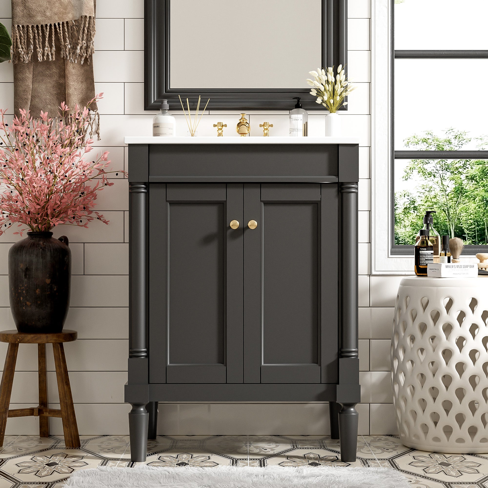 24 inch single sink vanity large open storage shelves view