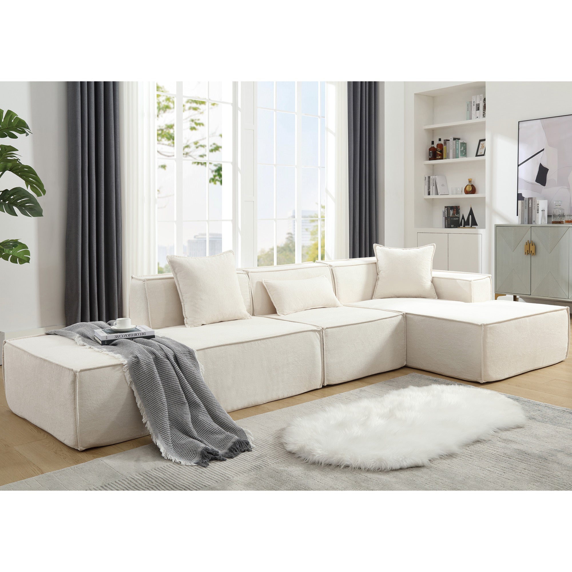 [VIDEO PROVIDED] Modular combination living room sofa set, modern minimalist sofa, free installation sofa, L-shaped, Italian minimalist tofu block sofa, Right-Hand Facing,Terrycloth fabric ,Beige