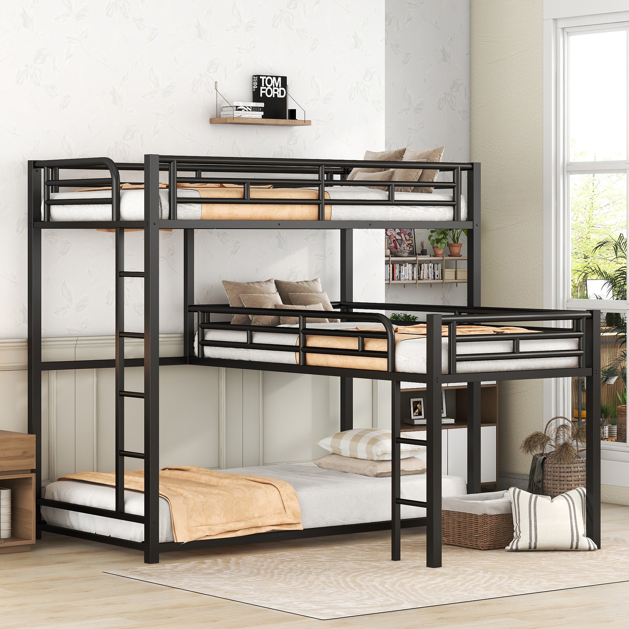 L-shaped Metal Triple Twin Size Bunk Bed, Black(OLD SKU:SM000605AAB)