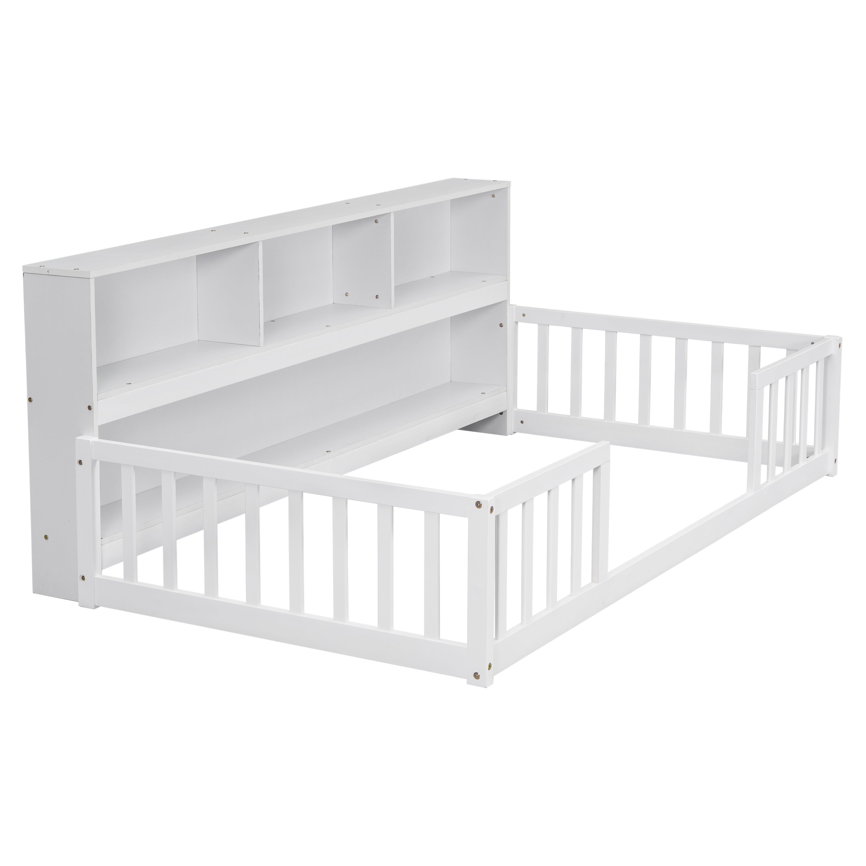 Twin Floor Bed with  Bedside Bookcase,Shelves,Guardrails,White