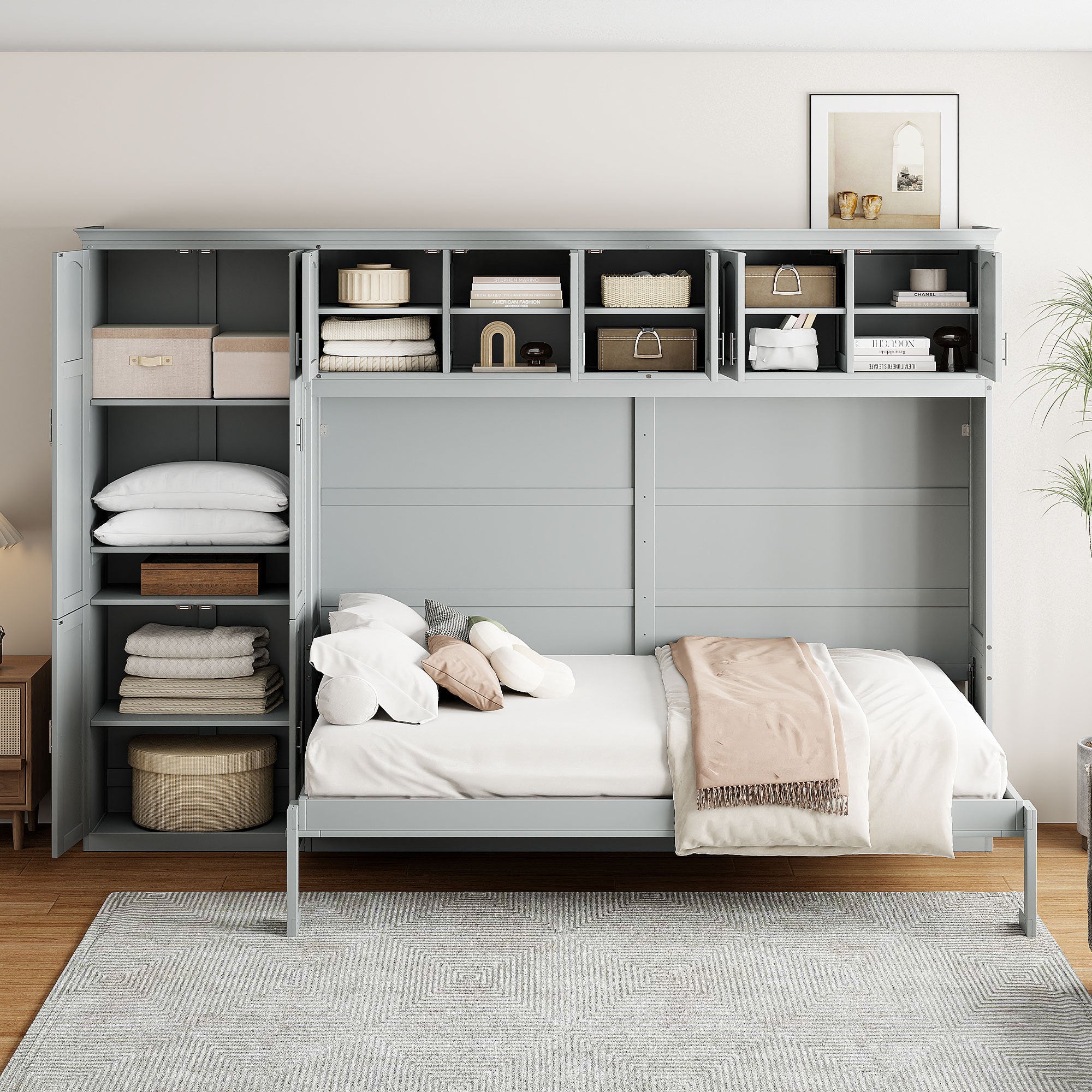 Queen Size Murphy Bed Wall Bed with Cabinets,Gray