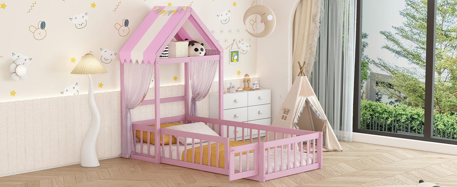 Wooden Floor Bed with Fence Railings and Detachable House Shape Headboard, Twin Size Bed with Kids Dress Up Rack, Kids Montessori Style Playhouse Frame for Girls Boys, Pink