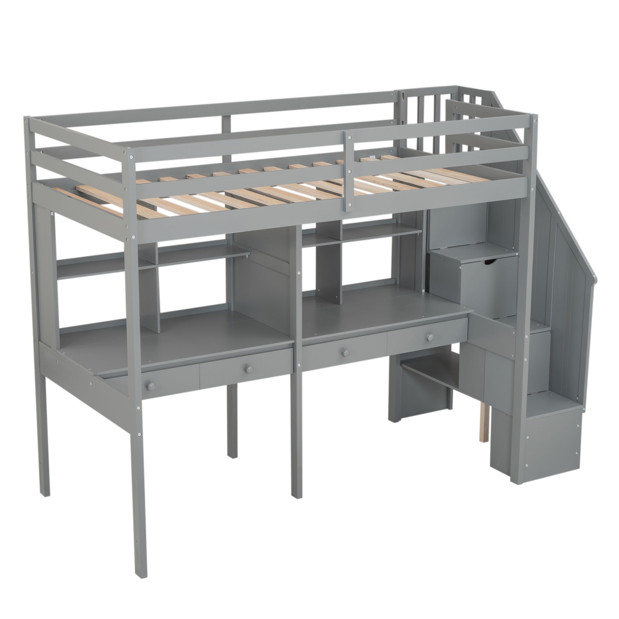 Twin Size Loft Bed Frame with Storage Staircase and Double Desks and Shelves,Gray