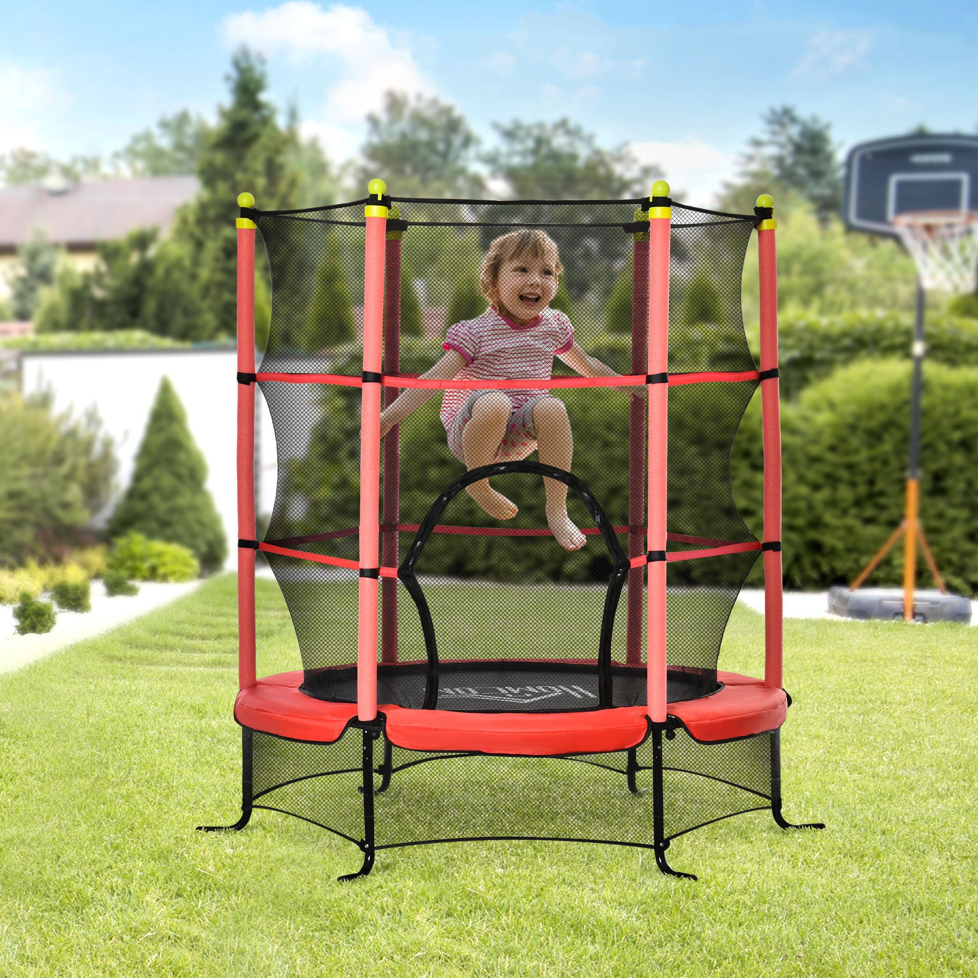 Soozier 5.3' Kids Trampoline, 64" Indoor Trampoline for Kids with Safety Enclosure for 3-10 Year Olds, Indoor & Outdoor Use, Red