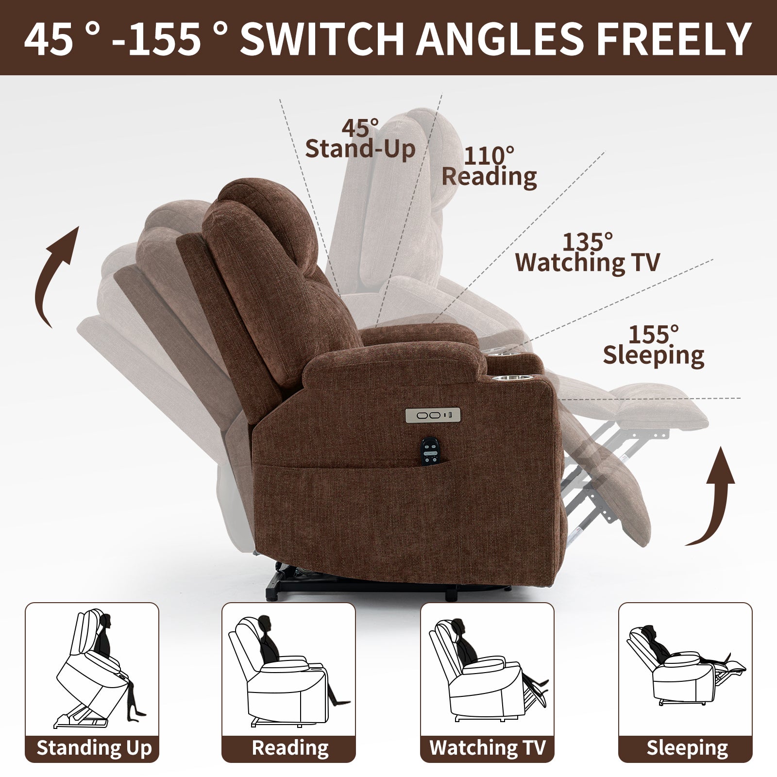 Up to 350 LBS Chenille Power Lift Recliner Chair, Heavy Duty Motion Mechanism with 8-Point Vibration Massage and Lumbar Heating, USB and Type-C Ports, Stainless Steel Cup Holders, Brown