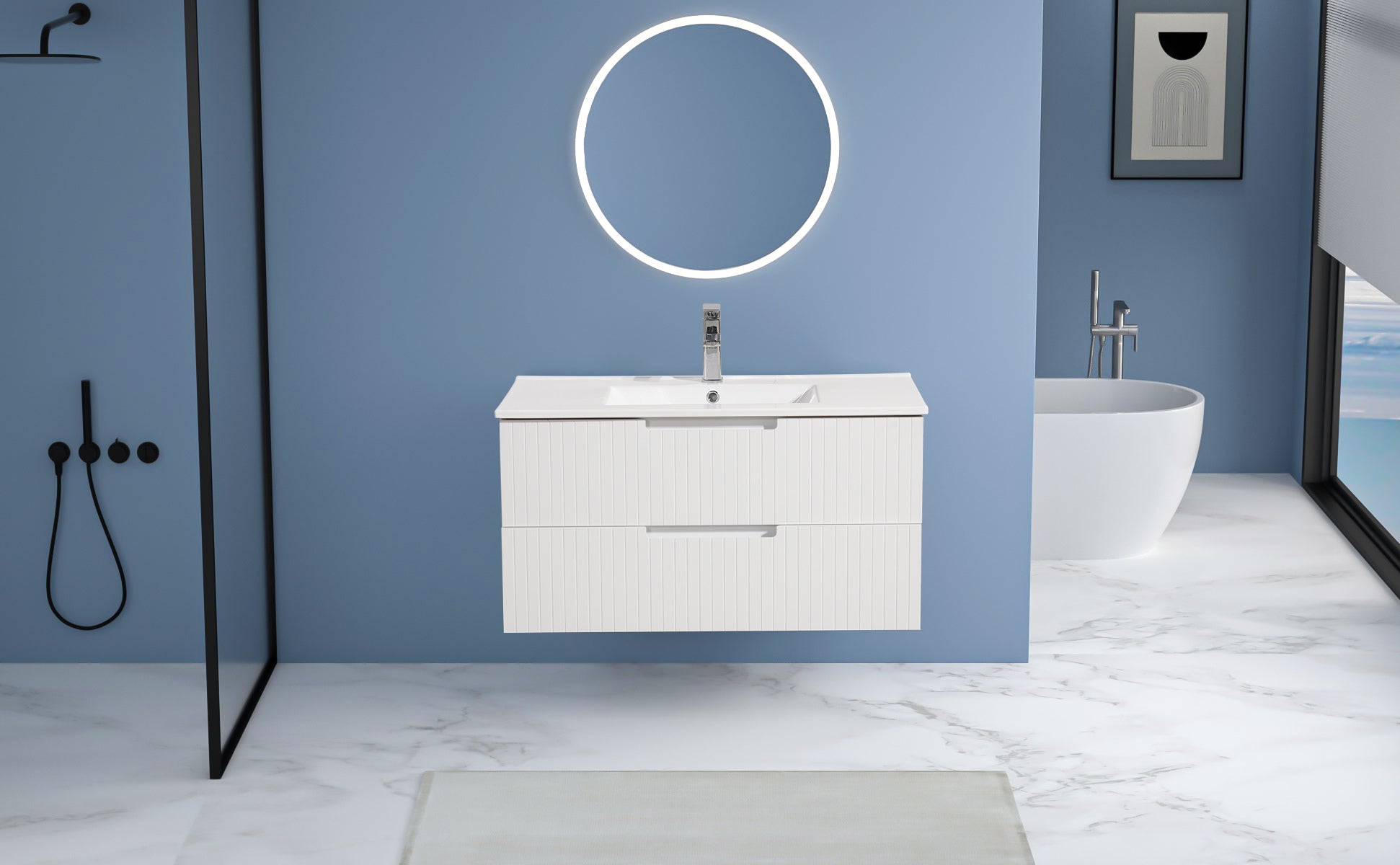 36 Inch Floating Bathroom Vanity with Ceramic Sink Set , Modern Bath Storage Cabinet Vanity with Drawers Wall Mounted Combo for Bathroom, White