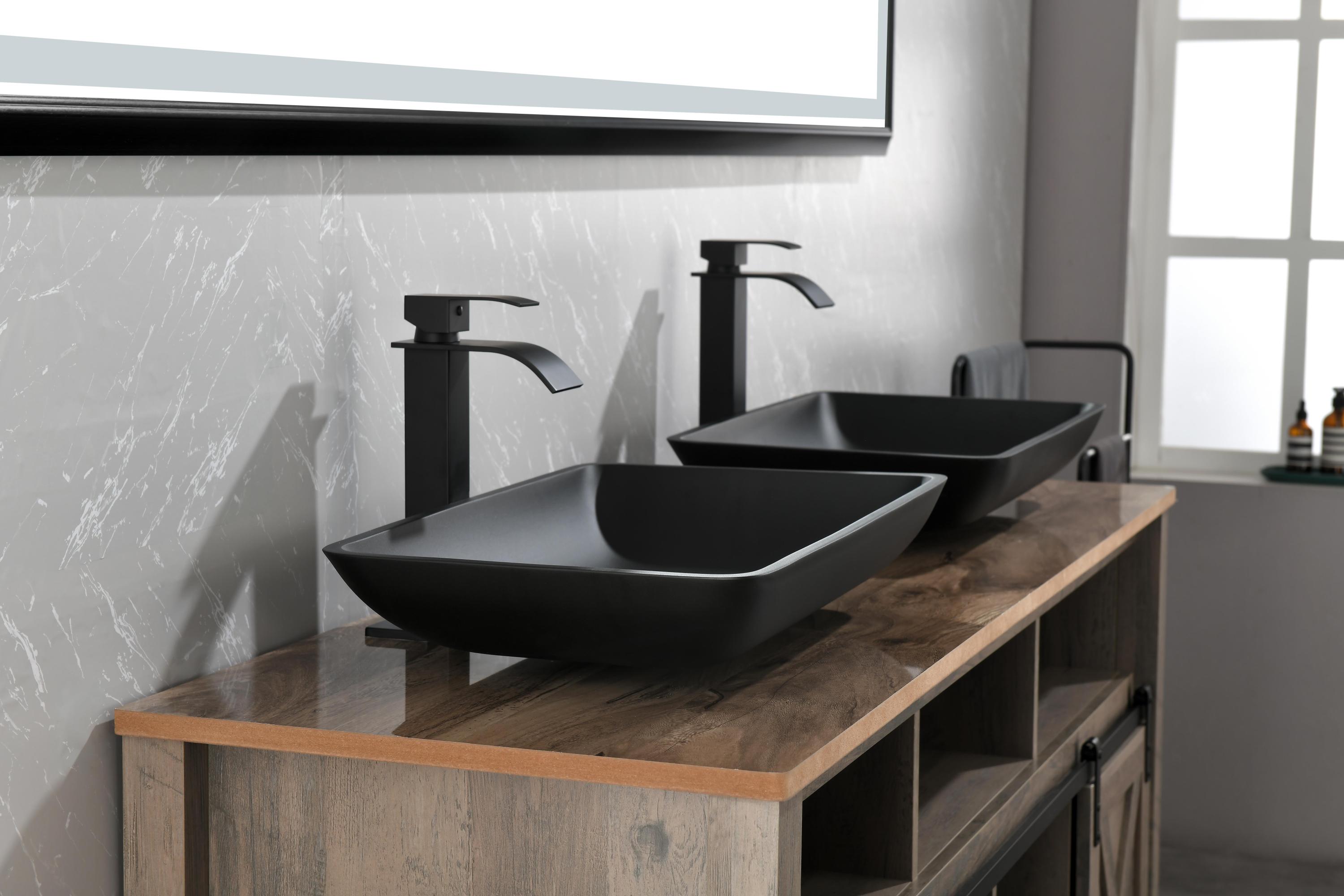 14.38" L -22.25" W -4-3/8 in. H Matte Shell  Glass Rectangular Vessel Bathroom Sink in Black with  Faucet and Pop-Up Drain in Matte Black