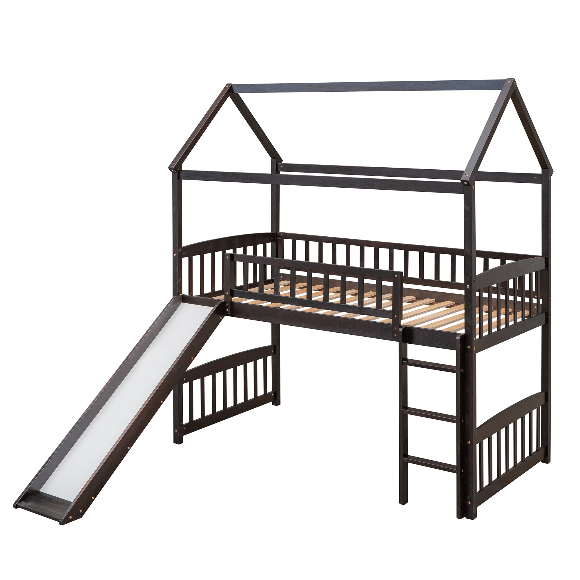 Twin Loft Bed with Slide, House Bed with Slide,Espresso(OLD SKU :LT000212AAP)