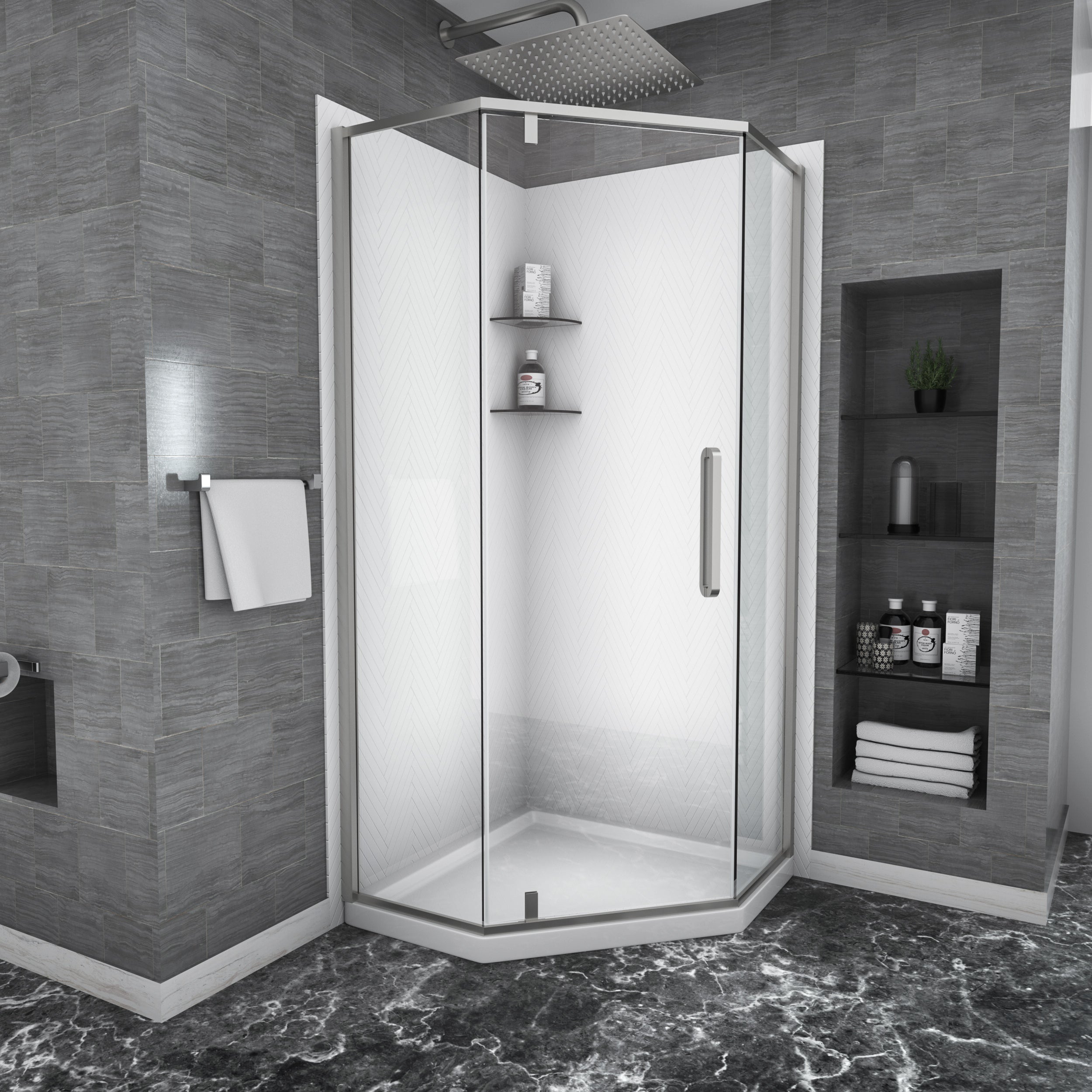 Shower Door 34-1/8"W x 72"H Semi-Frameless Neo-Angle Hinged Shower Enclosure, Brushed Nickel