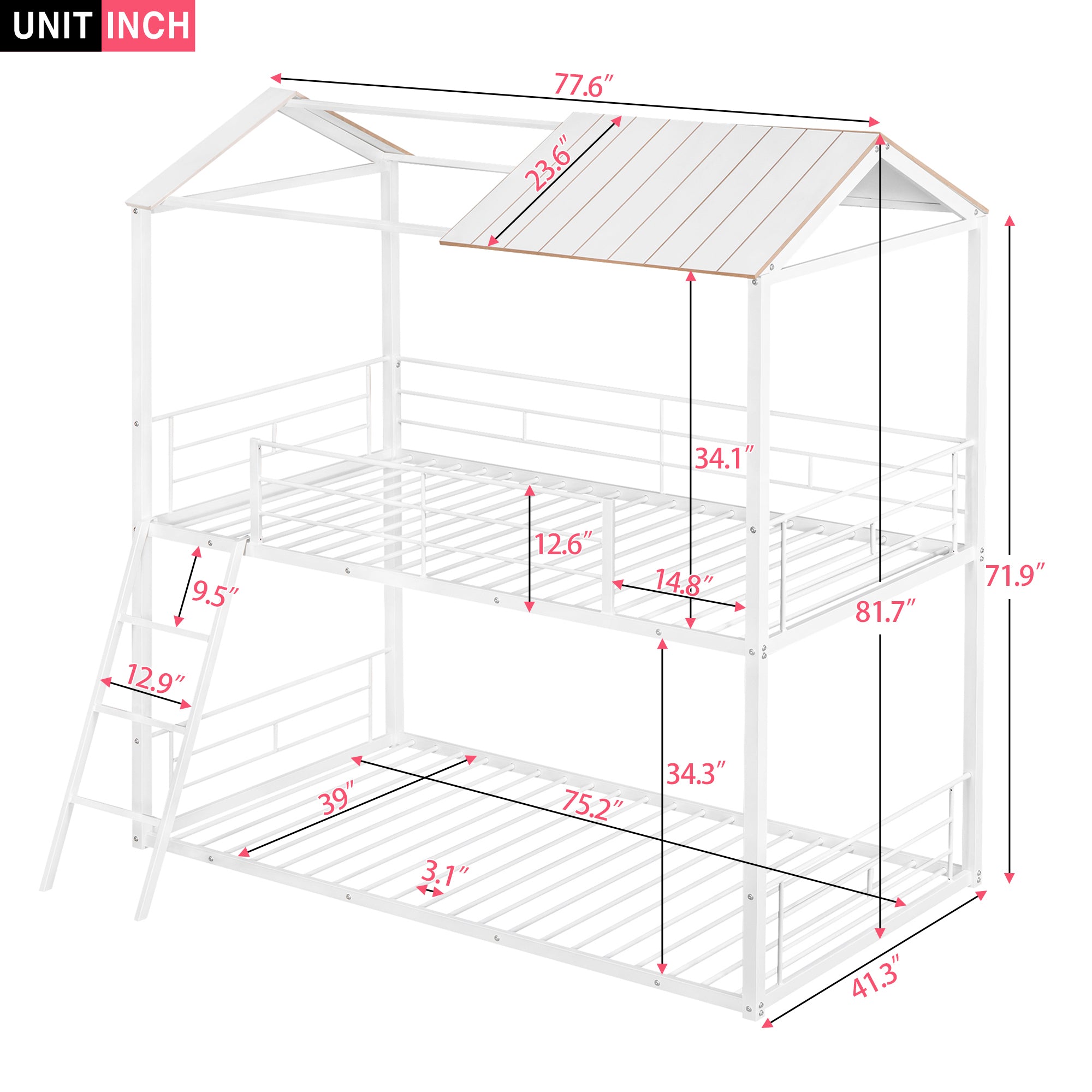 Twin Over Twin Bunk Bed Metal Bed with Half Roof, Guardrail and Ladder White