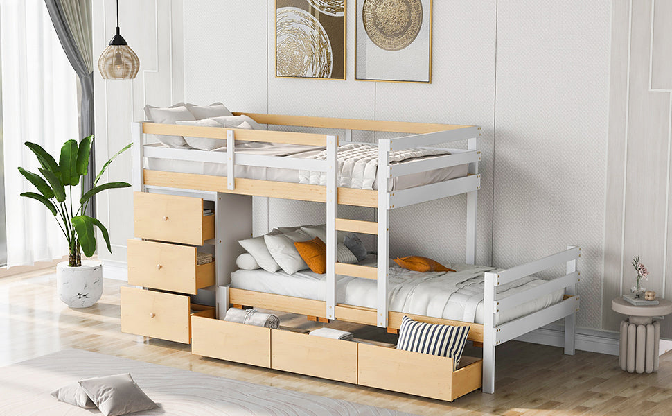 Twin over Twin Loft Bunk Bed with Drawers and Ladder, Natural