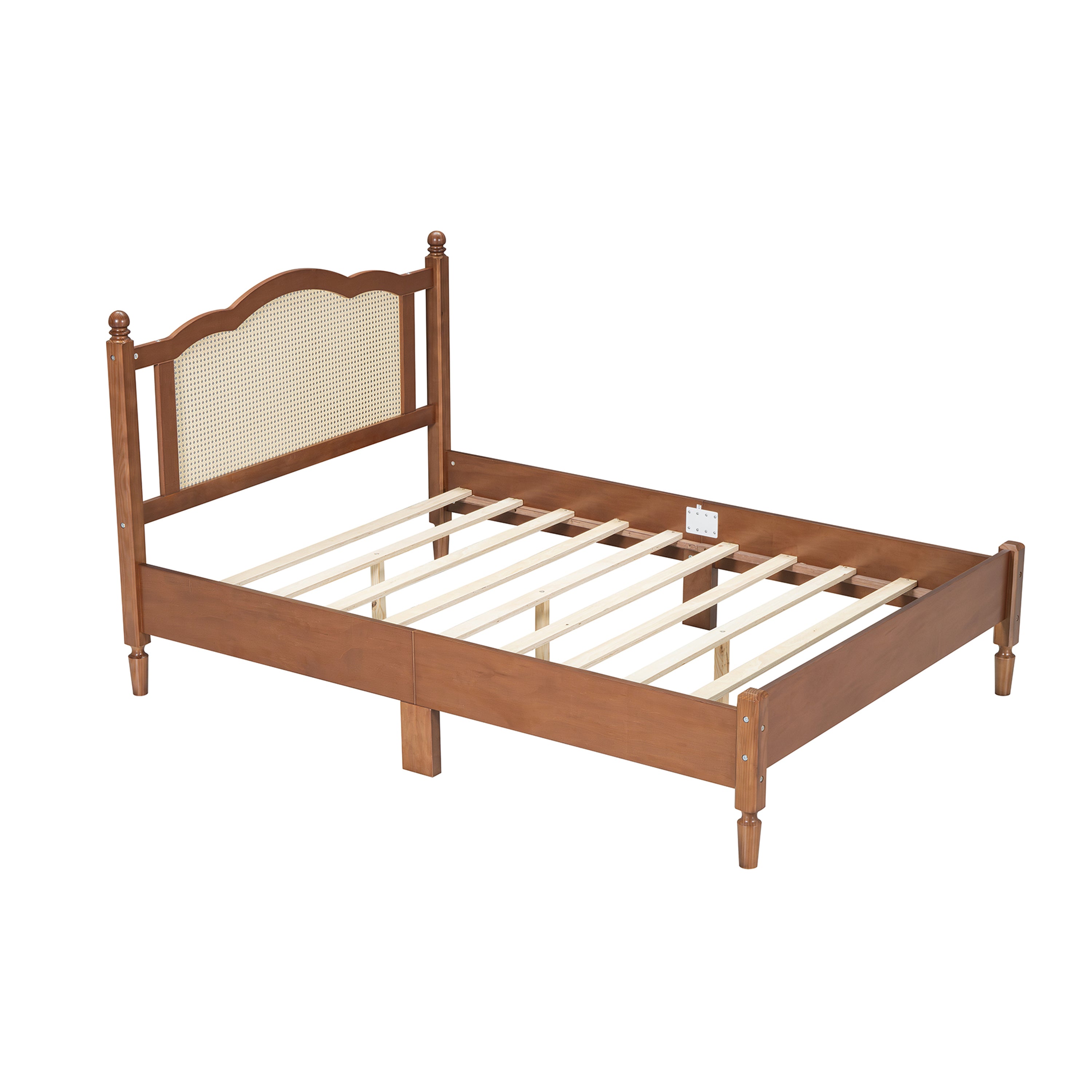 Full Size Wooden Platform Bed with Natural Rattan Headboard, Vintage Bed Frame with Wooden Slat Support, Walnut