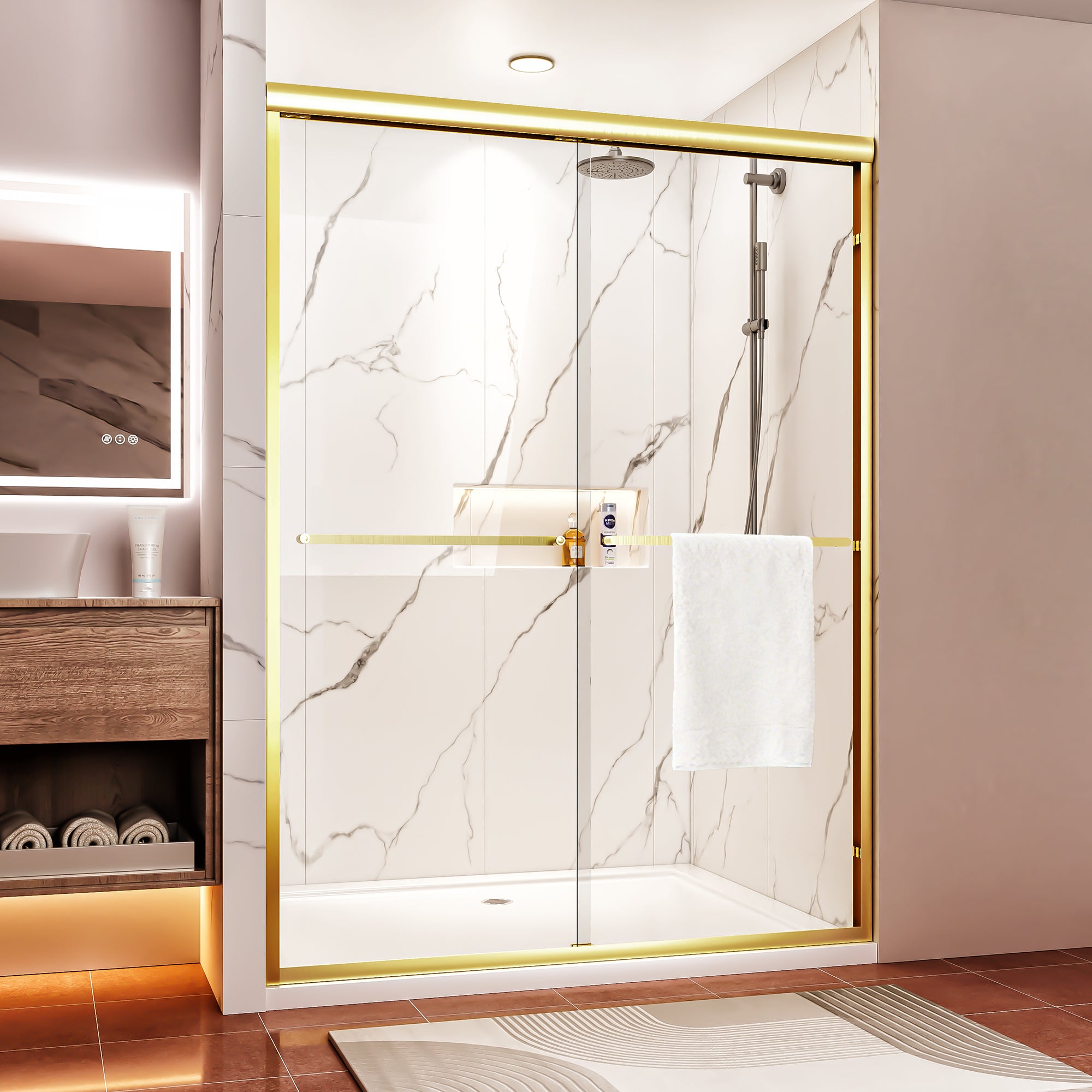 Brushed gold sliding shower door 72 inch angled view
