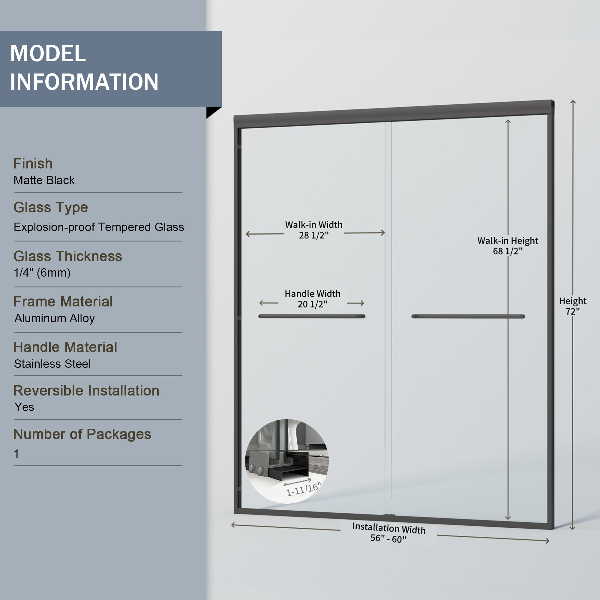 56-60 x 72 in Semi-Frameless Double Sliding Shower Door - 56-60 x 72 in / Matte Black view 6