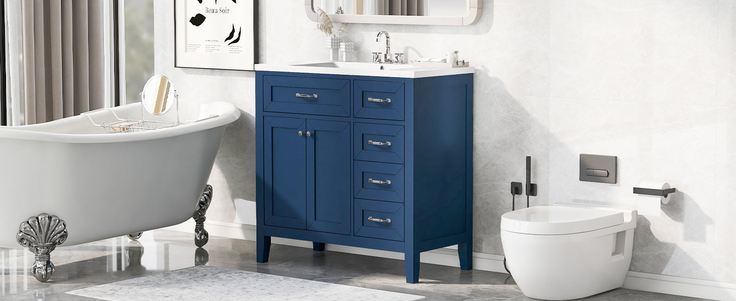 36" Bathroom Vanity with Sink Combo, Blue Bathroom Cabinet with Drawers, Solid Frame and MDF Board