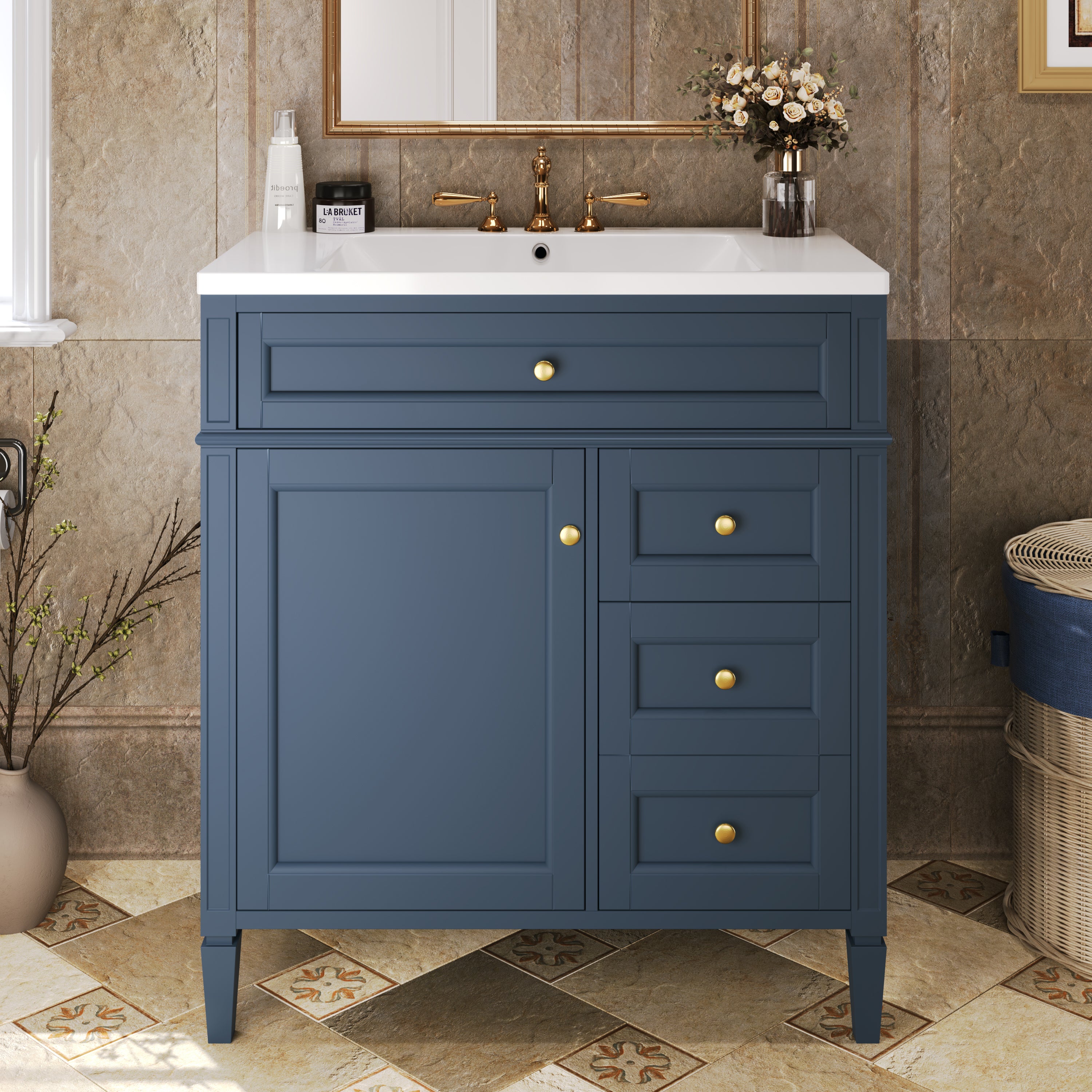 30'' Bathroom Vanity with Top Sink, Modern Bathroom Storage Cabinet with 2 Drawers and a Tip-out Drawer, Single Sink Bathroom Vanity