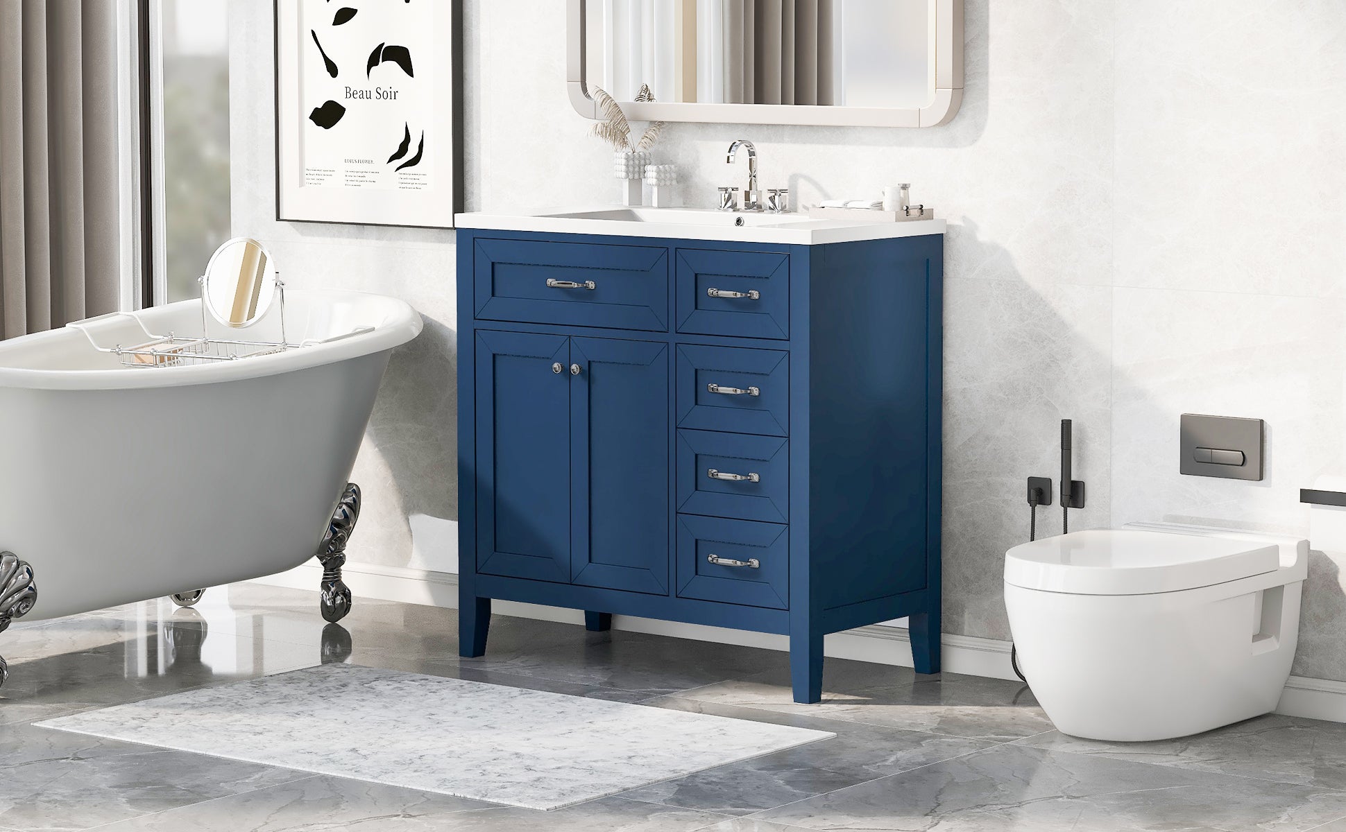 36" Bathroom Vanity with Sink Combo, Blue Bathroom Cabinet with Drawers, Solid Frame and MDF Board