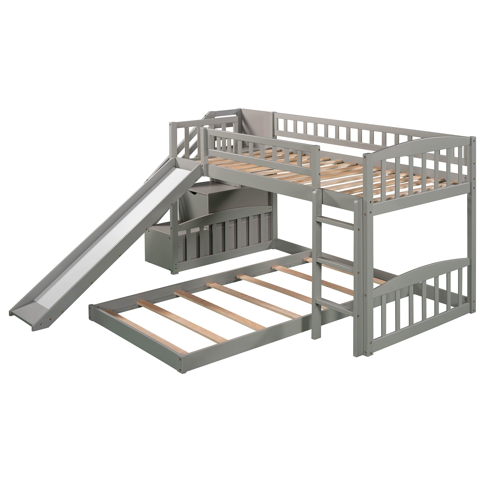 Stairway Twin over Twin Bunk Bed with Two Drawers and Slide, Gray(OLD SKU :LP000156AAE)