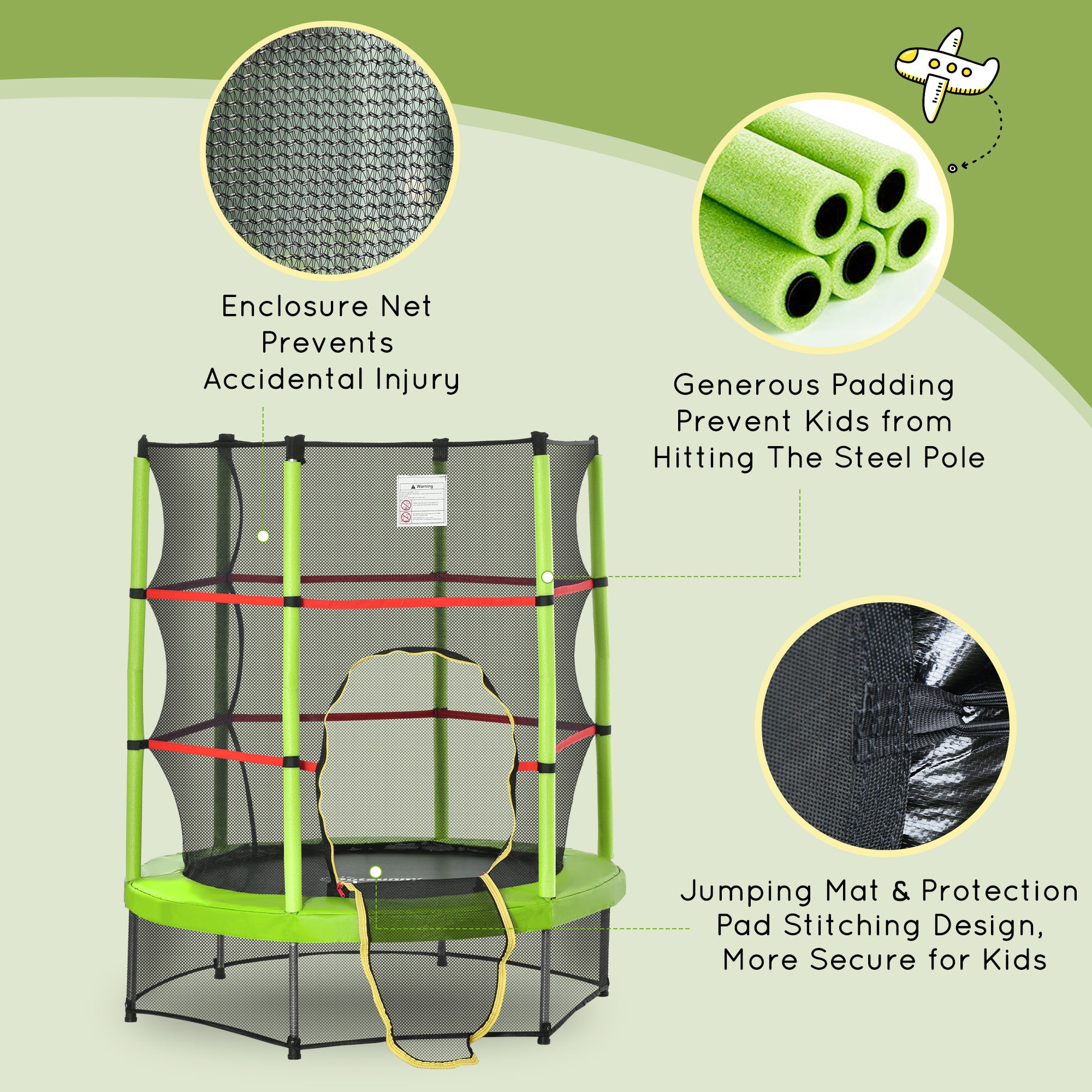 Outsunny Φ5FT Kids Trampoline with Enclosure Net, Springless Design, Safety Pad and Steel Frame for Indoor Outdoor, Toddler Round Bouncer for Age 3 to 6 Years Green