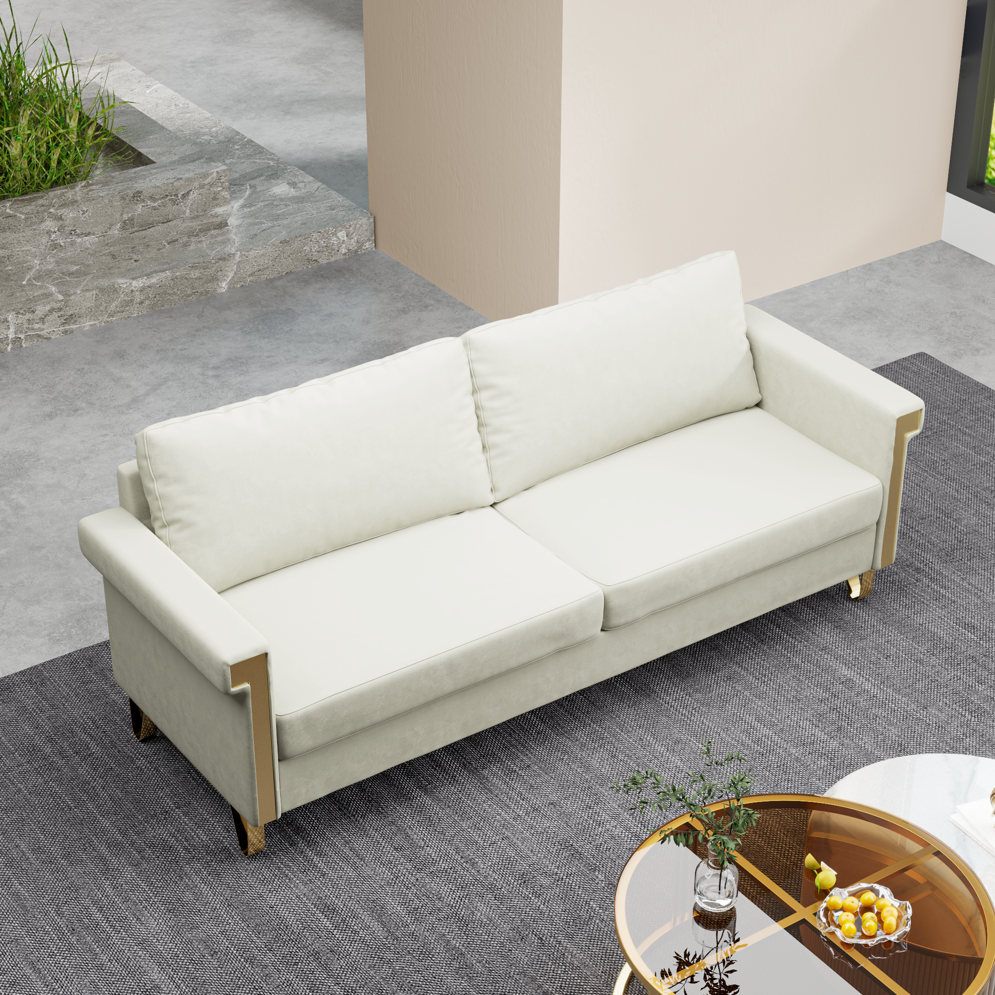 2.5 Seat Velvet Sofa Upholstery with  Ideal Mid-Century Modern Living Room Furniture CREAM WHITE COUCH