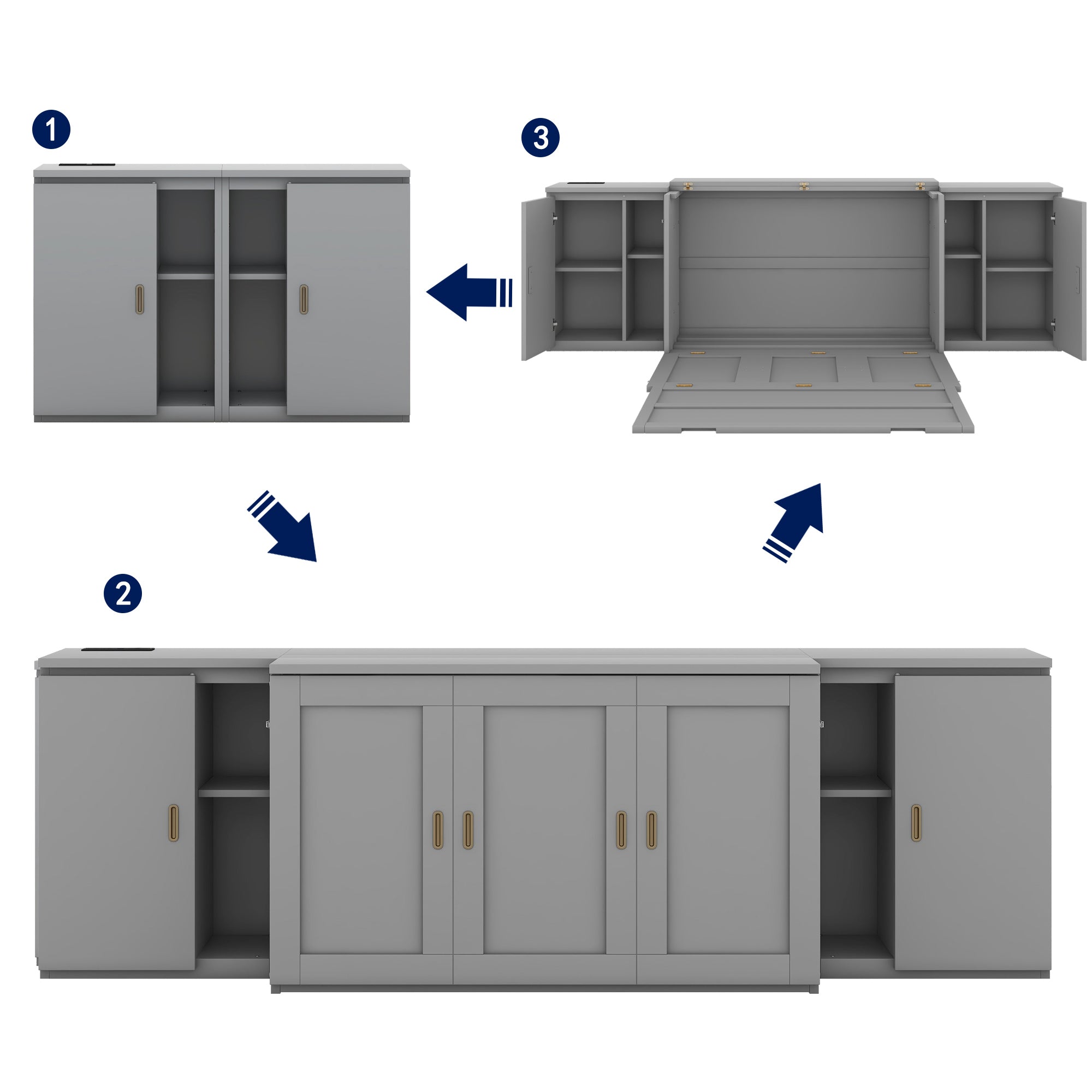 Full Size Murphy Bed with Shelves, Cabinets and USB Ports,Gray