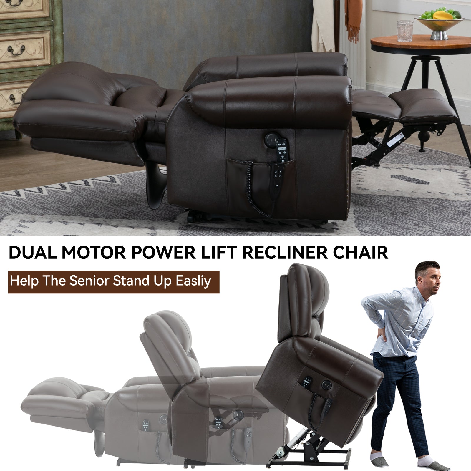 Power Lift Recliner Chair Heat Massage Dual Motor Infinite Position Up to 350 LBS, Genuine Leather, Heavy Duty Motion Mechanism with USB Ports, Brown