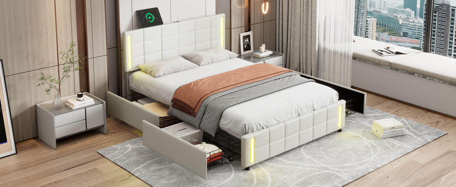 Queen Size Upholstered Platform Bed with LED Lights and USB Charging, Storage Bed with 4 Drawers, White