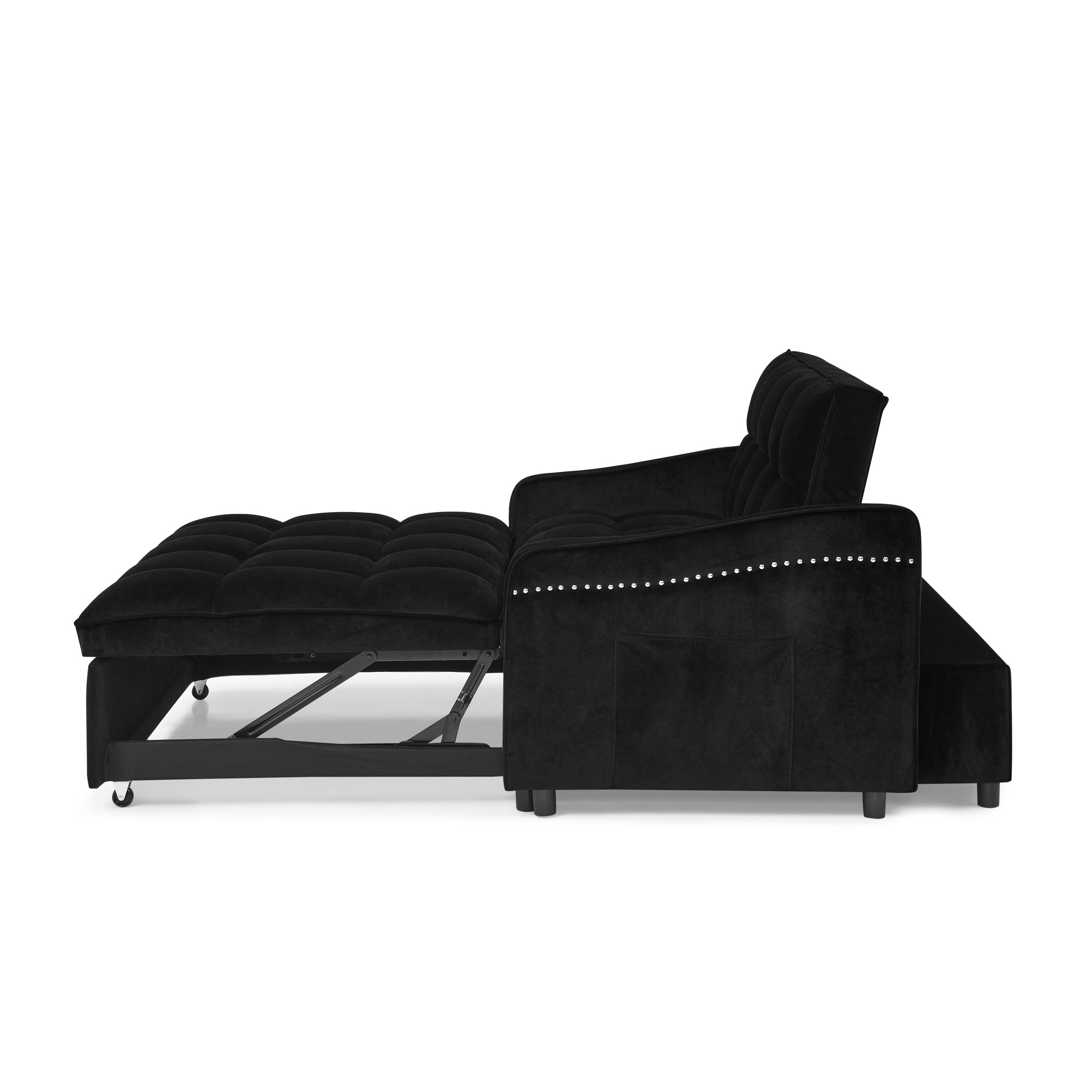 Loveseats Sofa Bed with Pull-out Bed,Adjsutable Back and Two Arm Pocket,TypeC and USB Charging with Copper nail,Black (47"x53"x31")