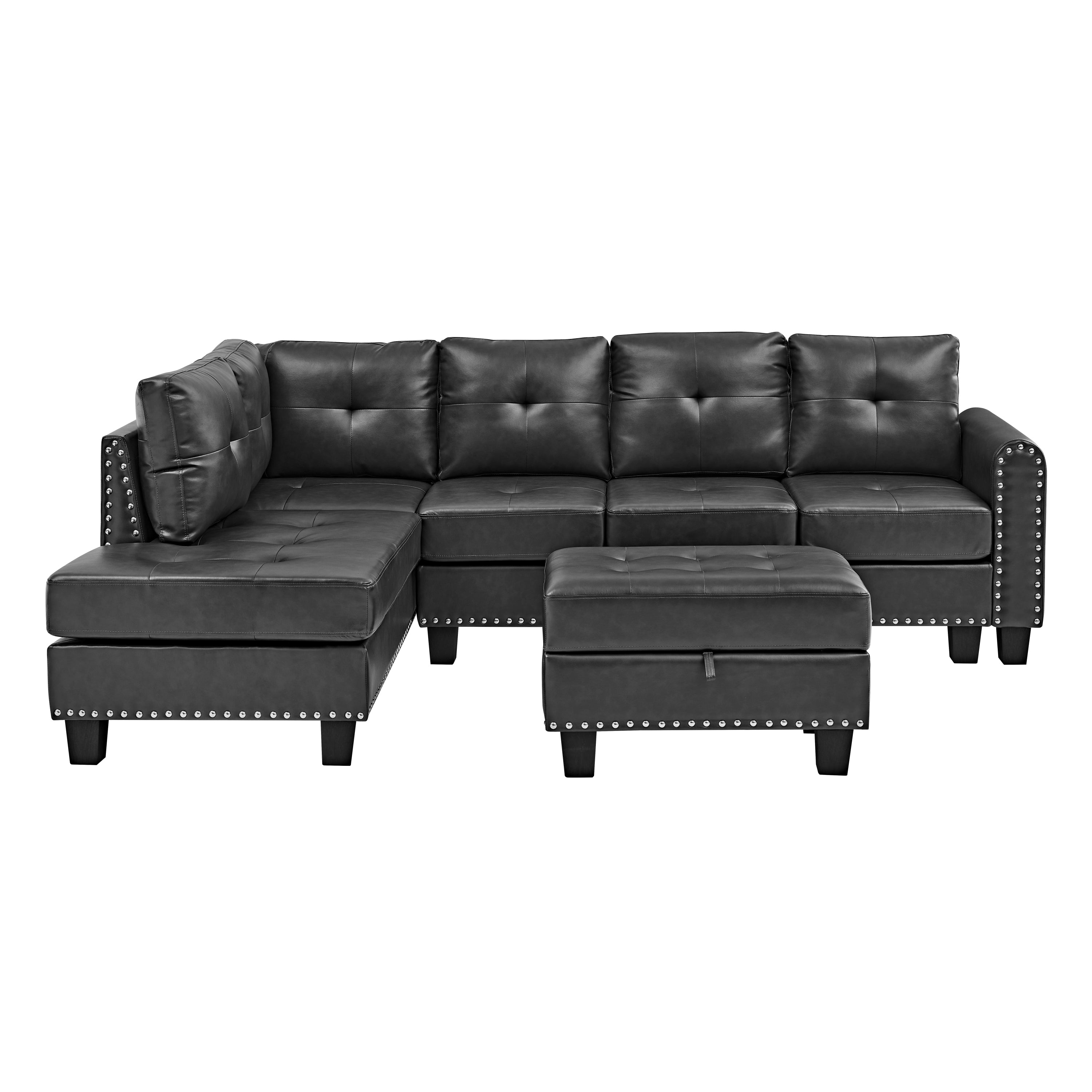 Sectional 3-Seaters Sofa , reversible recliner, Storage pad and wood grain cup holder, Non-slip leg, pu, black