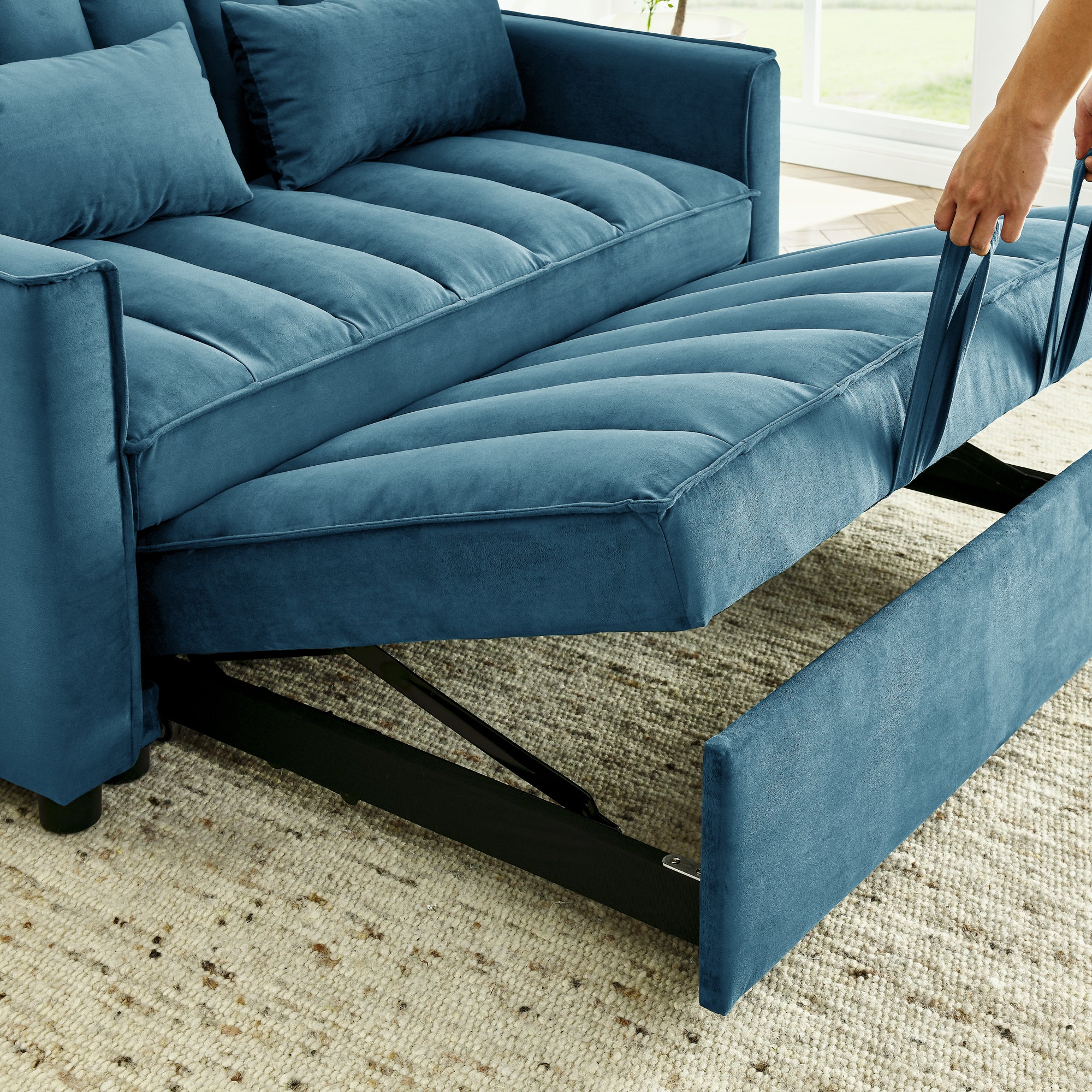 modern velvet loveseat sofa couch  pull out  bed,3 in one convertible for living room sofa bed,blue