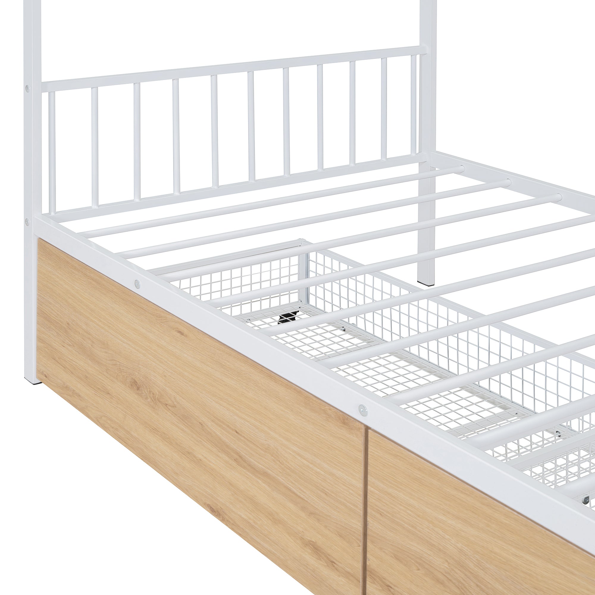 Twin Size Metal House Bed with Two Drawers, White