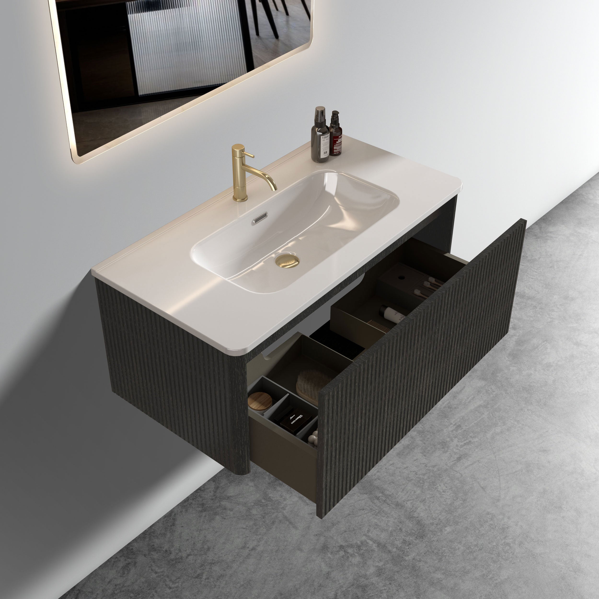 U058-Etna36W-308 Etna 36" Striped Brushed Black Oak Floating Bathroom Vanity with White Ceramic Sink, Bathroom Vanity for Modern Bathroom, Pre-assembled