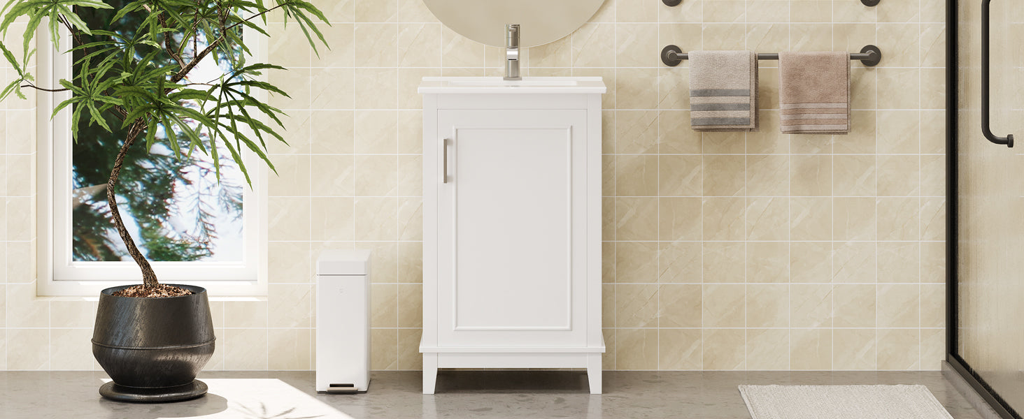 [Viedo] 20 Inch Modern Small Bathroom Vanity Cabinet With Ceramic Basin- 20*14.5*33.3 Inches,Ample Storage,1 Soft-Close Door