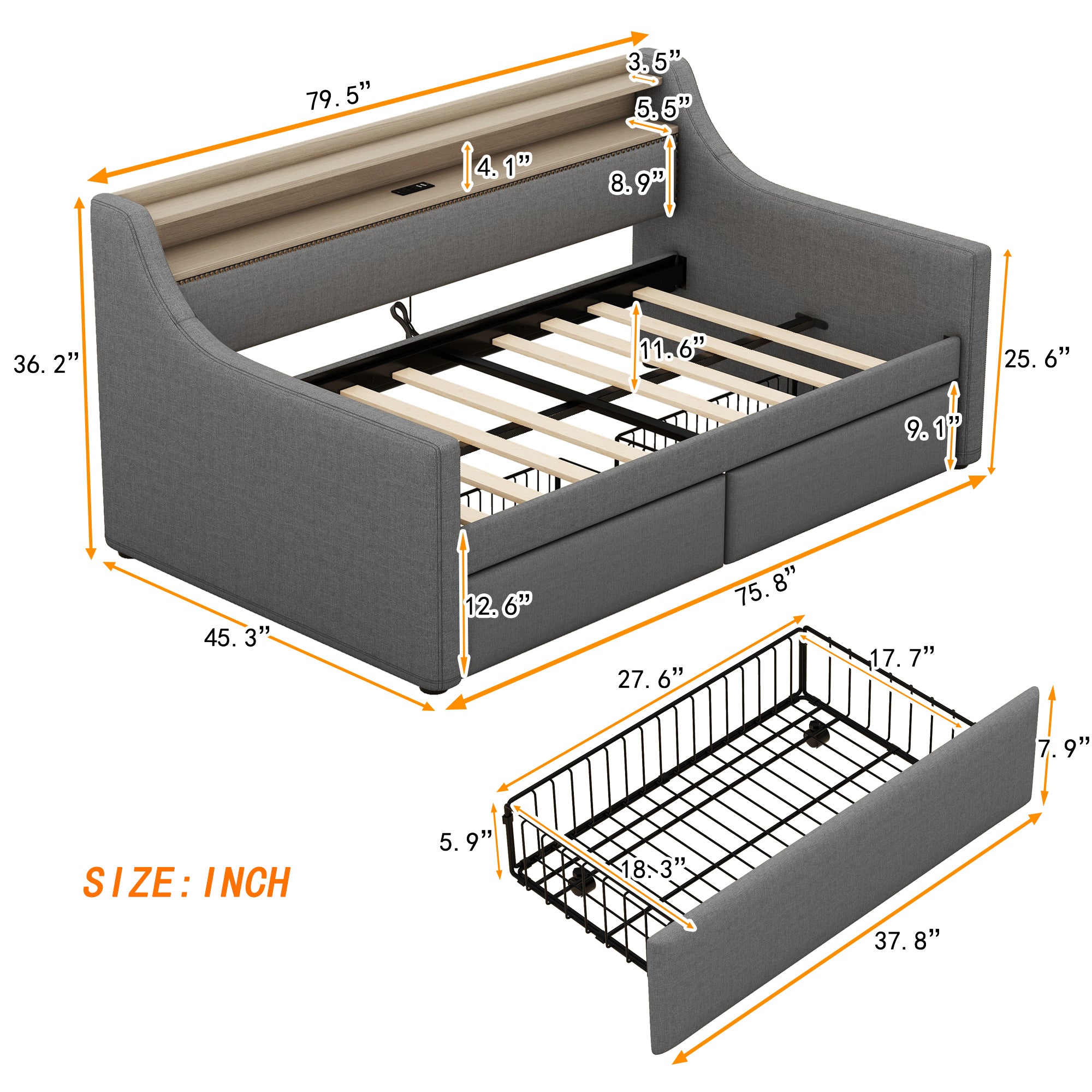 Twin Size Daybed with Storage Drawers, Upholstered Daybed with Charging Station and LED Lights, Gray(Old Item W1580S00023)