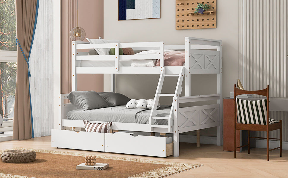 White twin over full bunk bed, close-up of two storage drawers